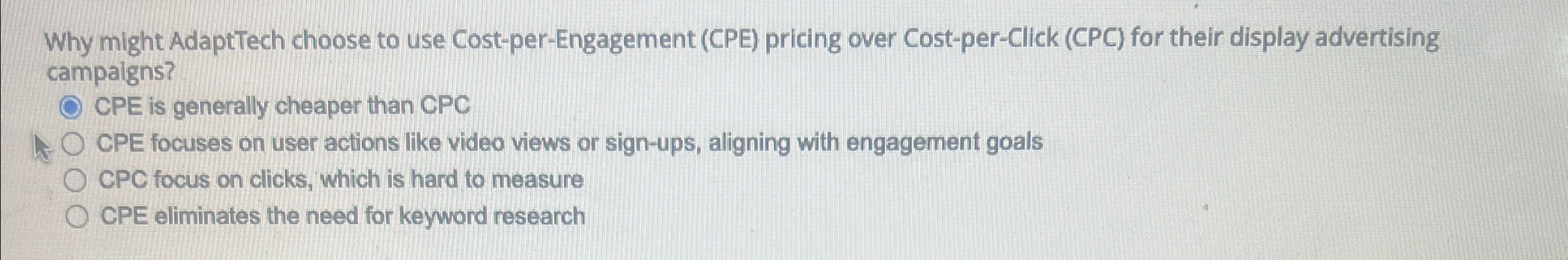  Why might AdaptTech choose to use Cost-per-Engagement (CPE) pricing over Cost-per-Click