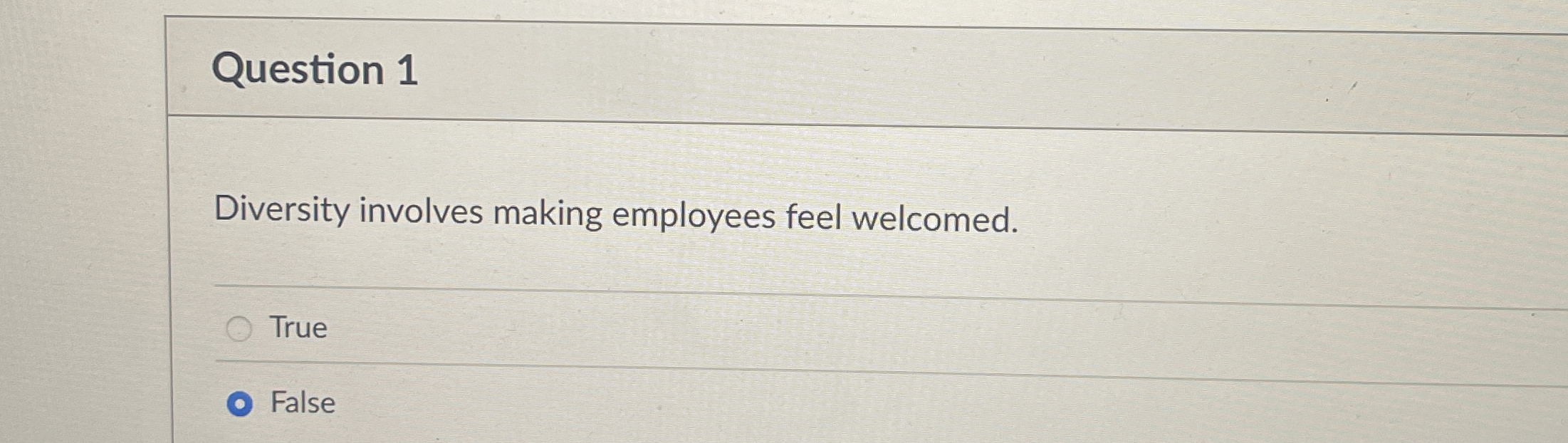  Question 1 Diversity involves making employees feel welcomed. True False 