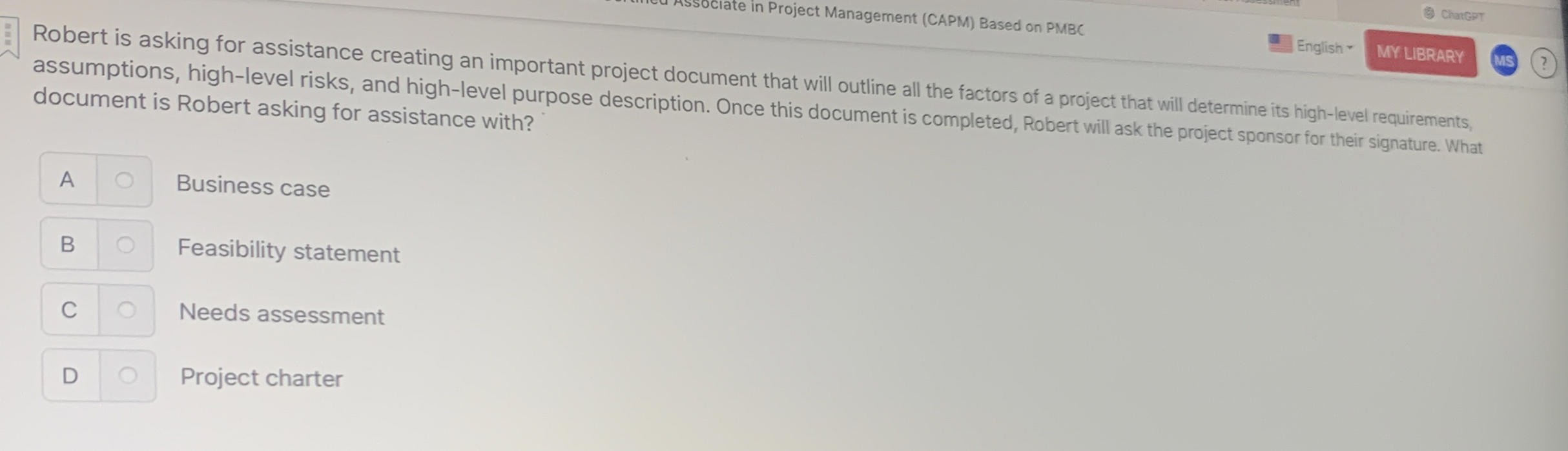  (CAPM) Based on PMBC Chatgpt Robert is asking for assistance creating