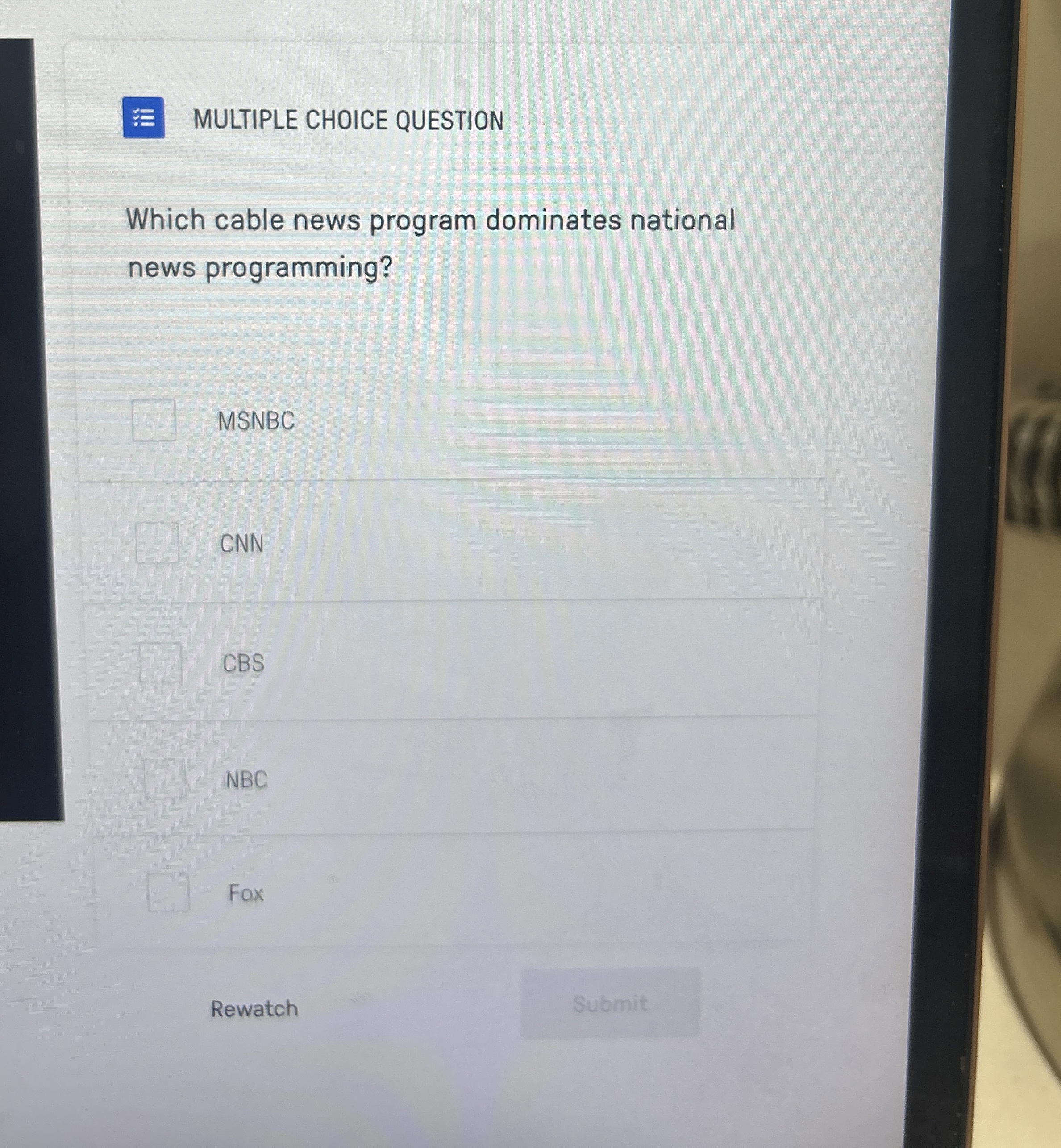  MULTIPLE CHOICE QUESTION Which cable news program dominates national news programming?