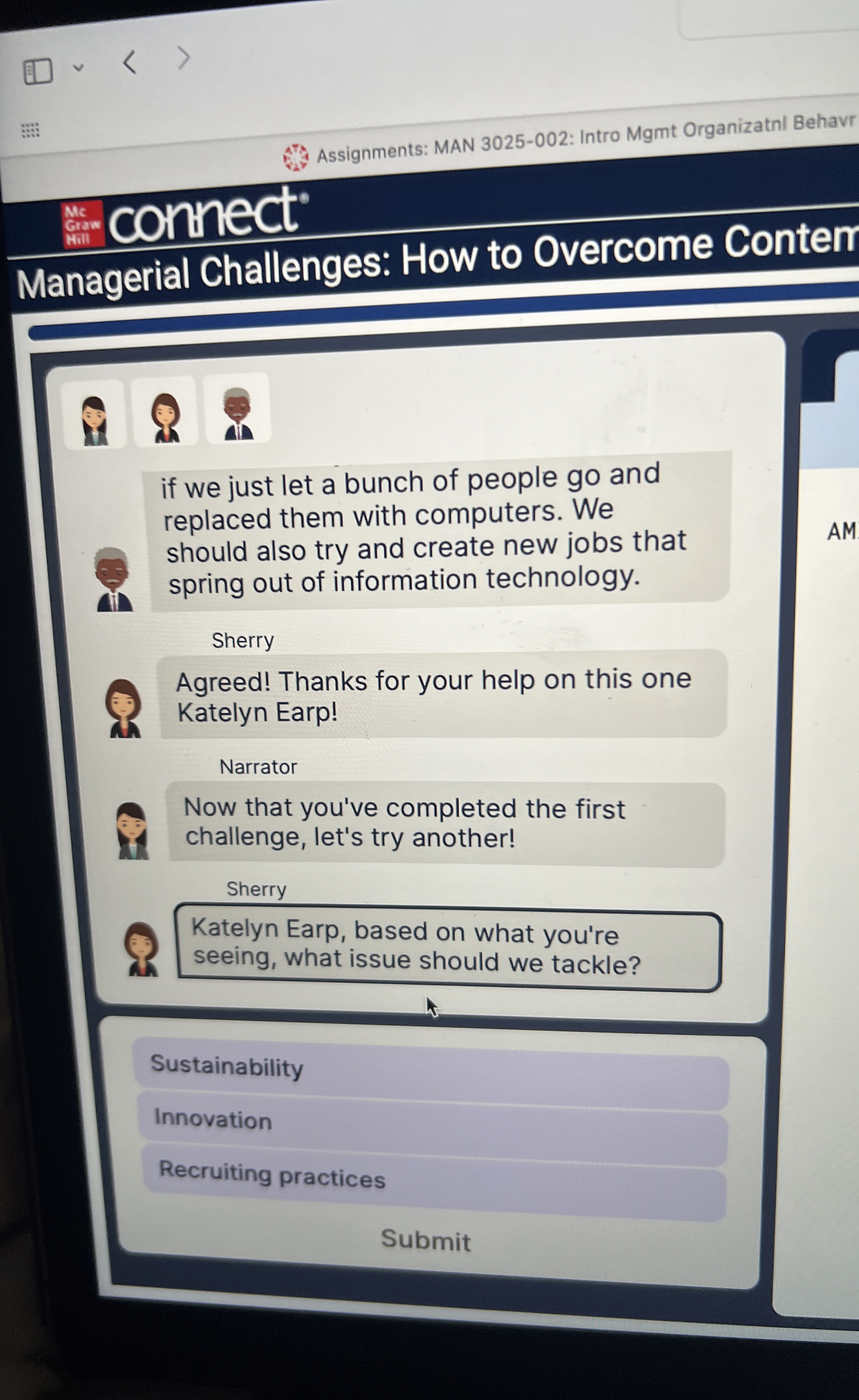  Assignments: MAN 3025-002: Intro Mgmt Organizatnl Behavr Mc Graw connect Managerial