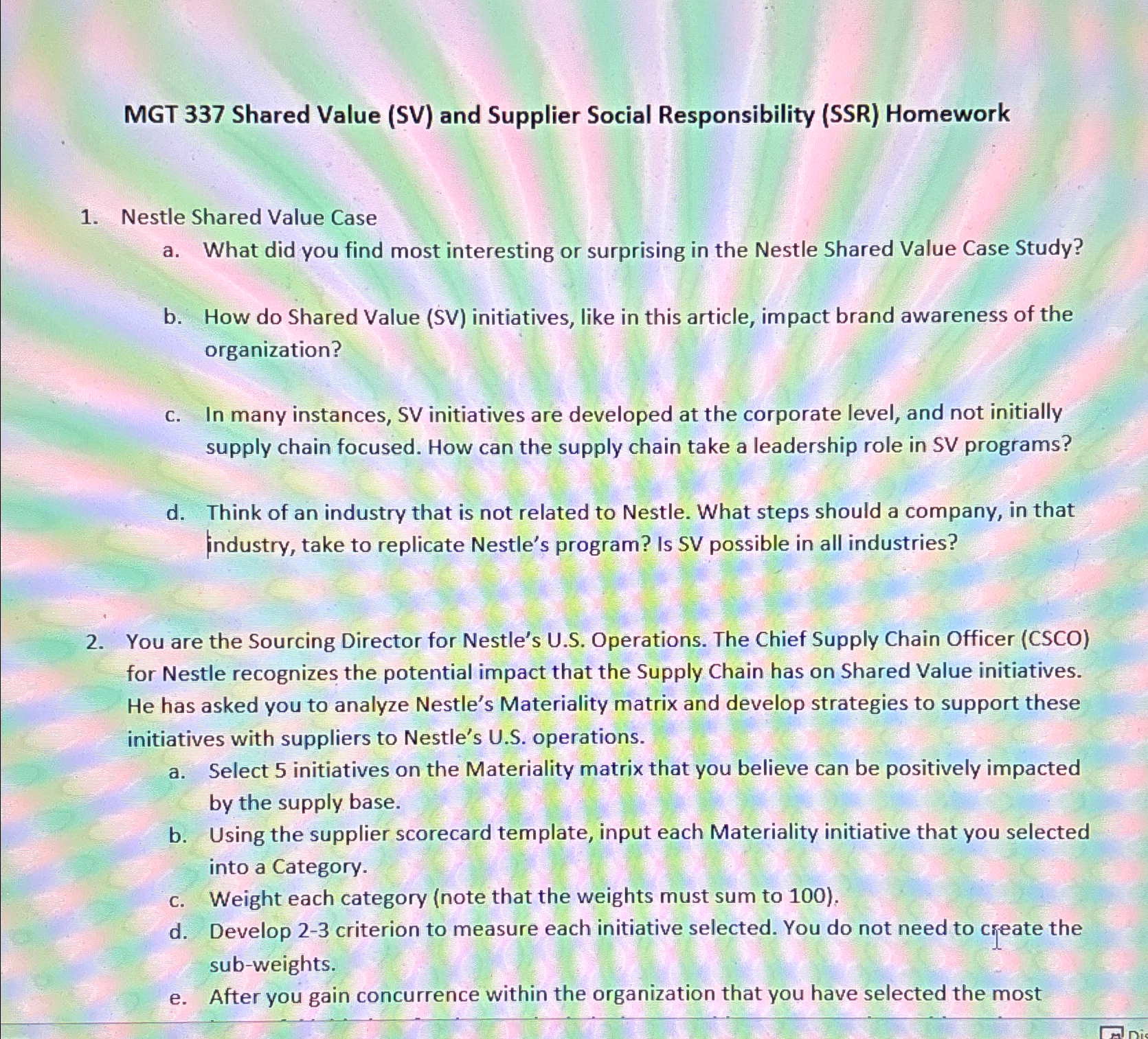  MGT 337 Shared Value (SV) and Supplier Social Responsibility (SSR) Homework