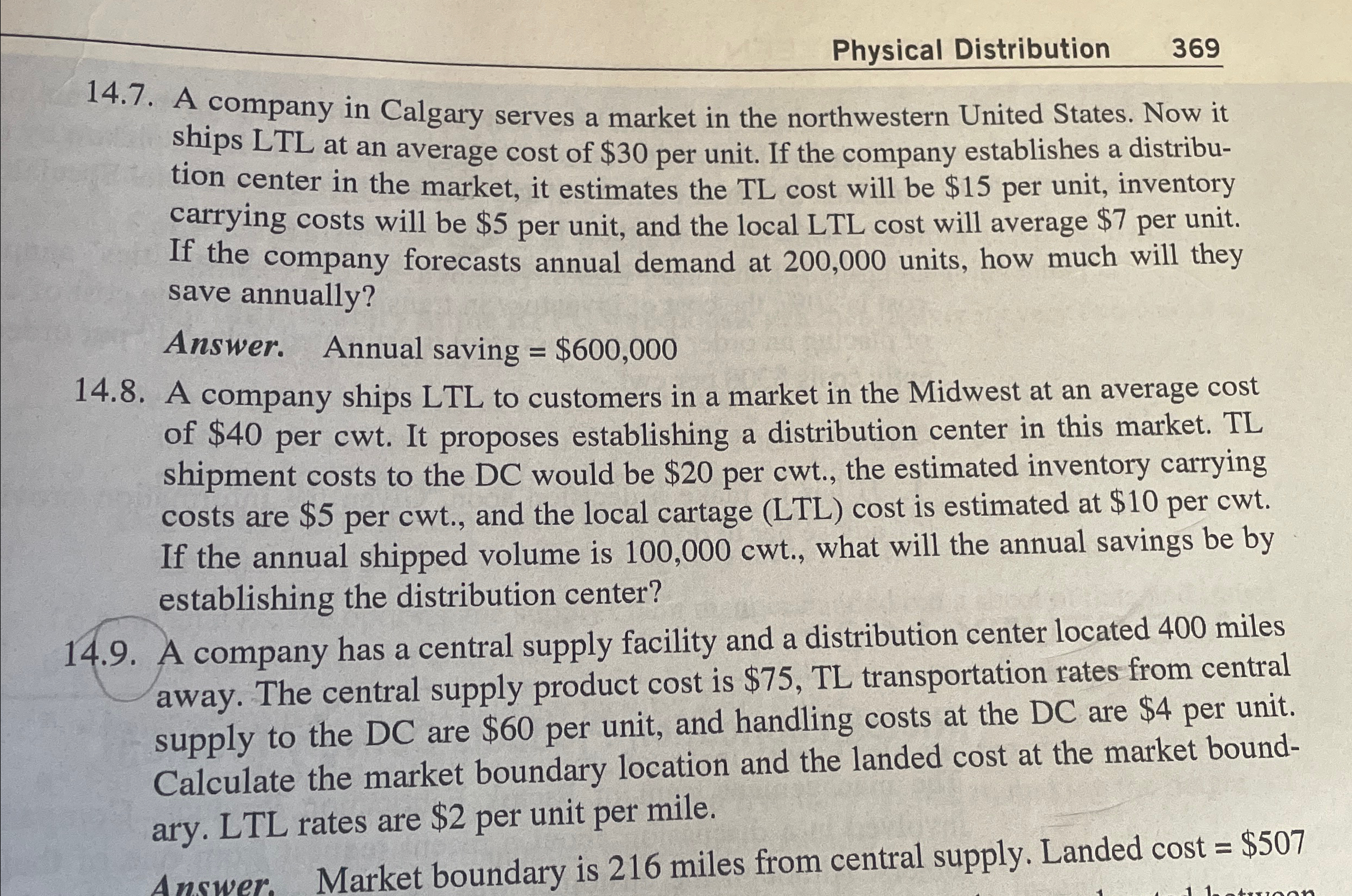  Physical Distribution 369 14.7. A company in Calgary serves a market