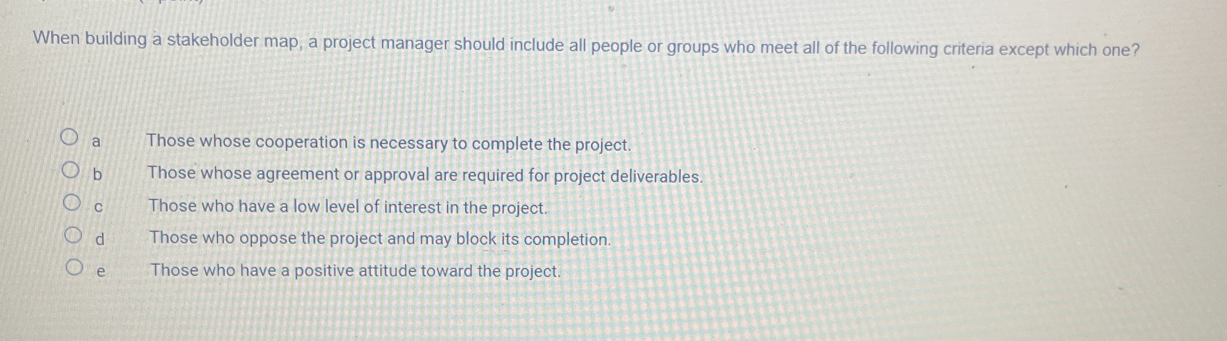  When building a stakeholder map, a project manager should include all