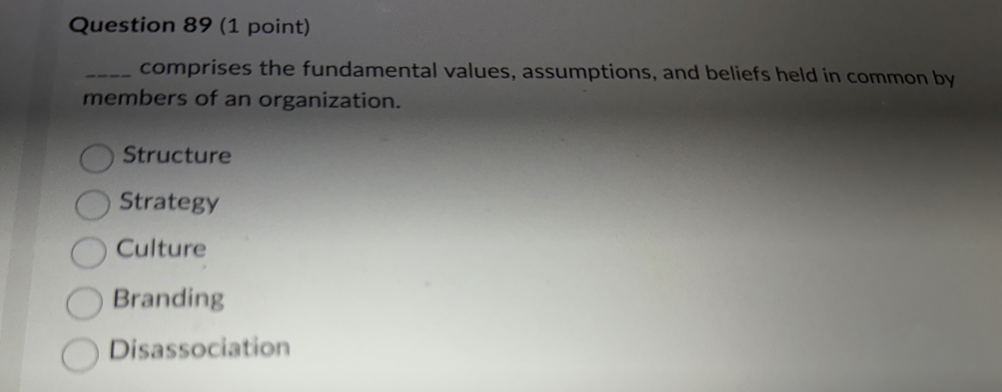 Question 89(1 point) comprises the fundamental values, assumptions, and beliefs held