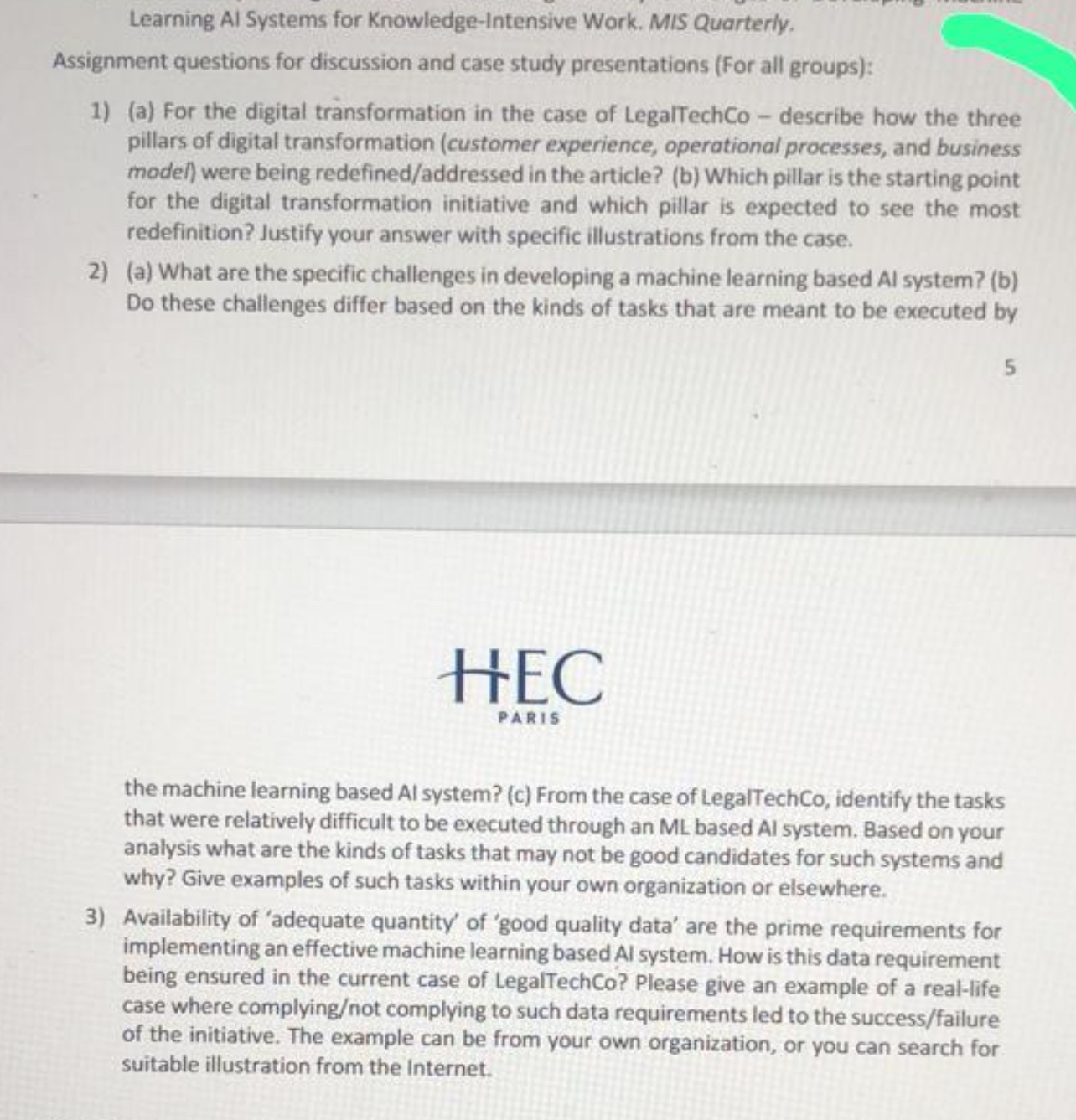  Learning AI Systems for Knowledge-Intensive Work. MIS Quarterly. Assignment questions for