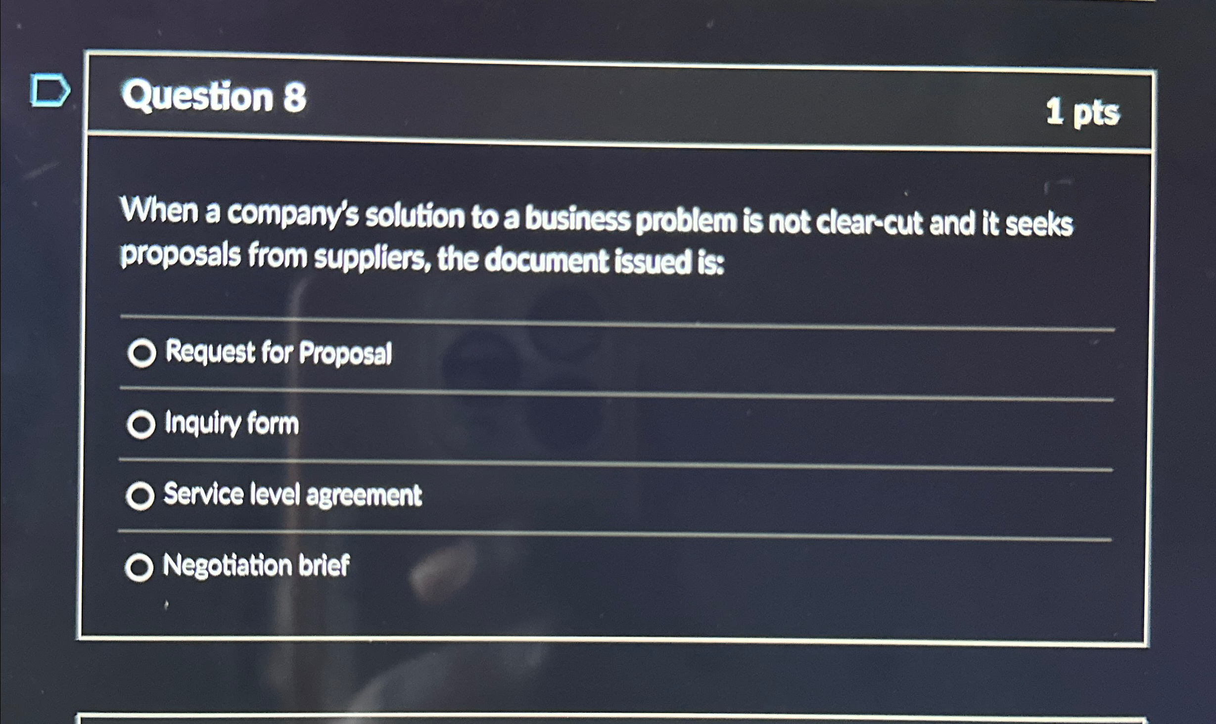  Question 8 1 pts When a company's solution to a business