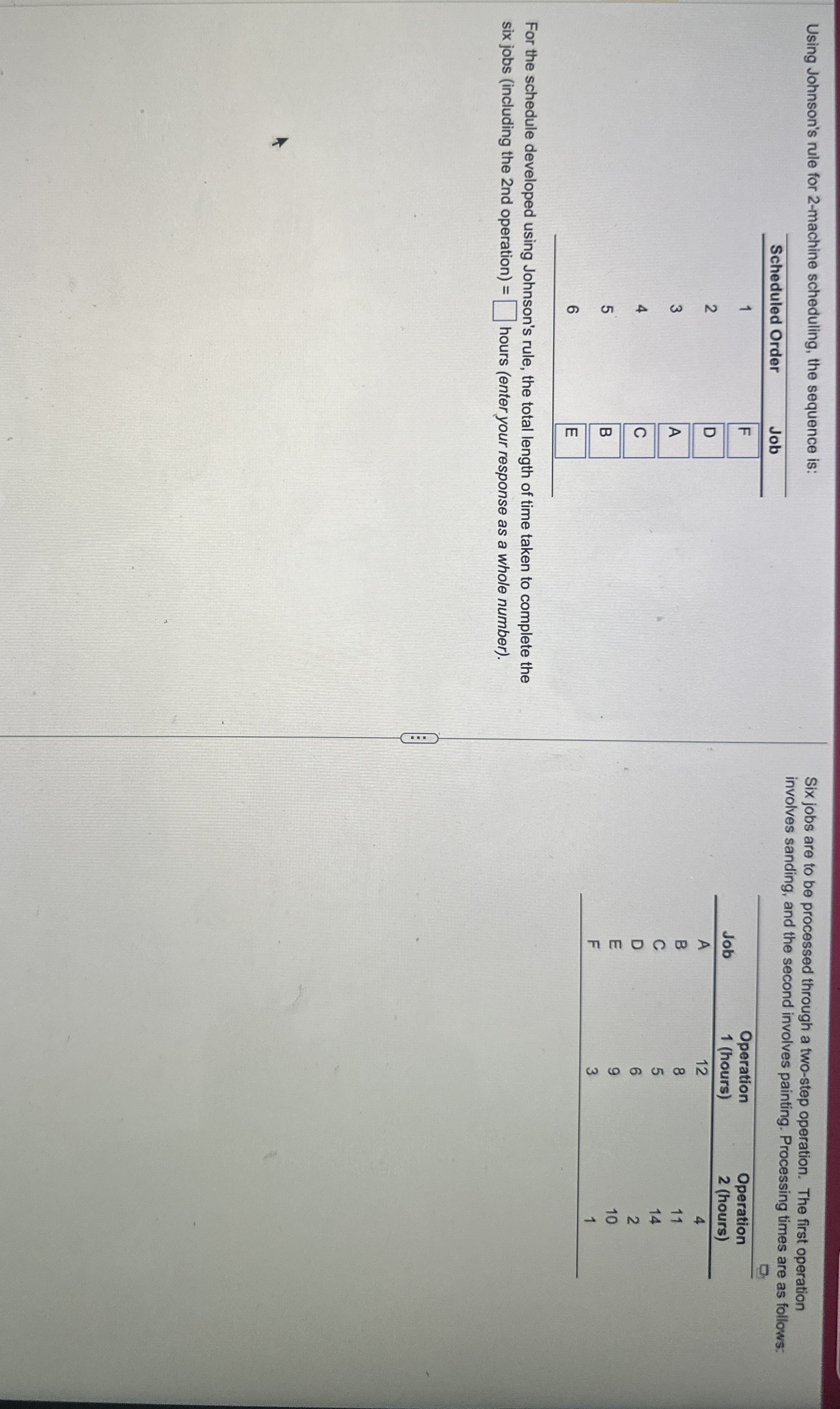  How to solve for hours Using Johnson's rule for 2-machine scheduling,