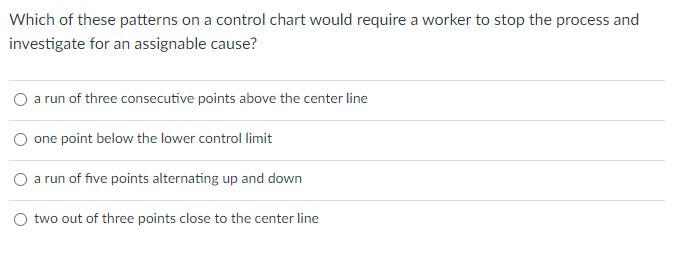  Which of these patterns on a control chart would require a