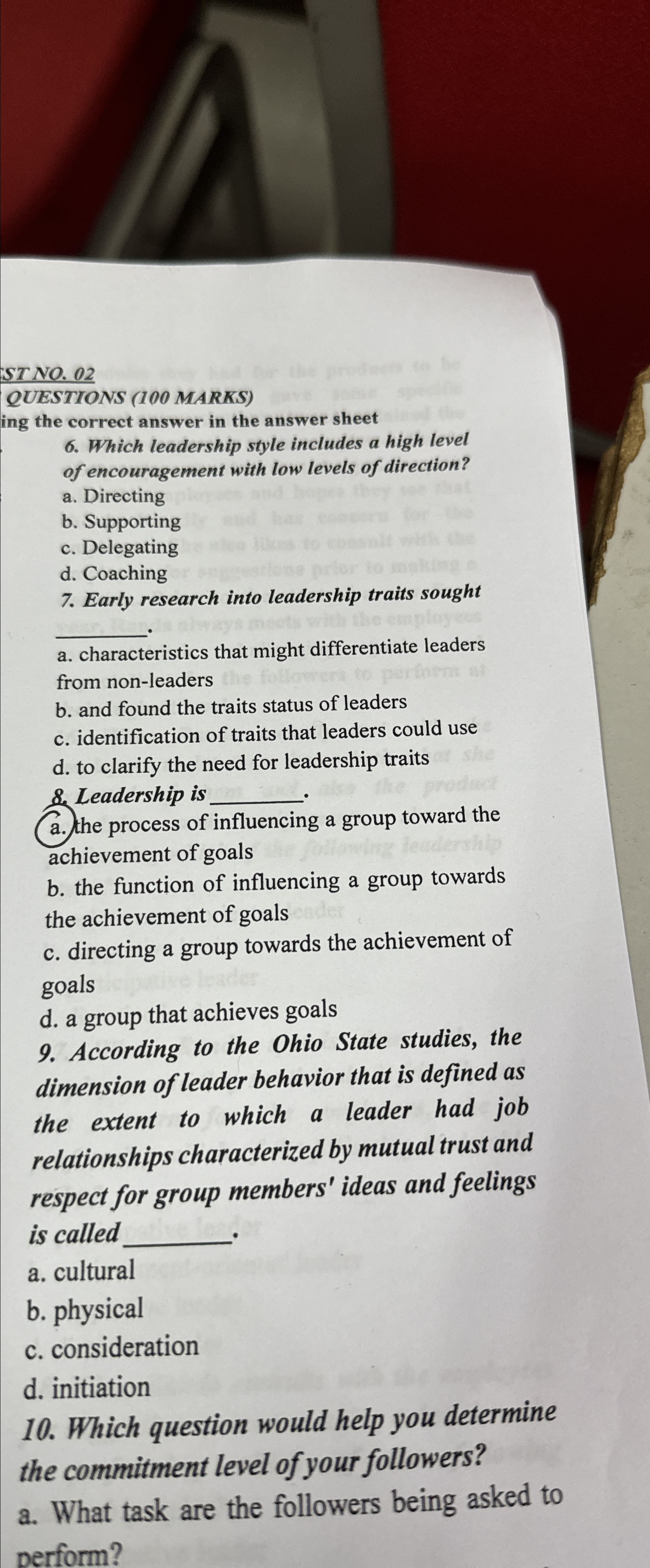  ST NO.02 QUESTIONS (100 MARKS) ing the correct answer in the