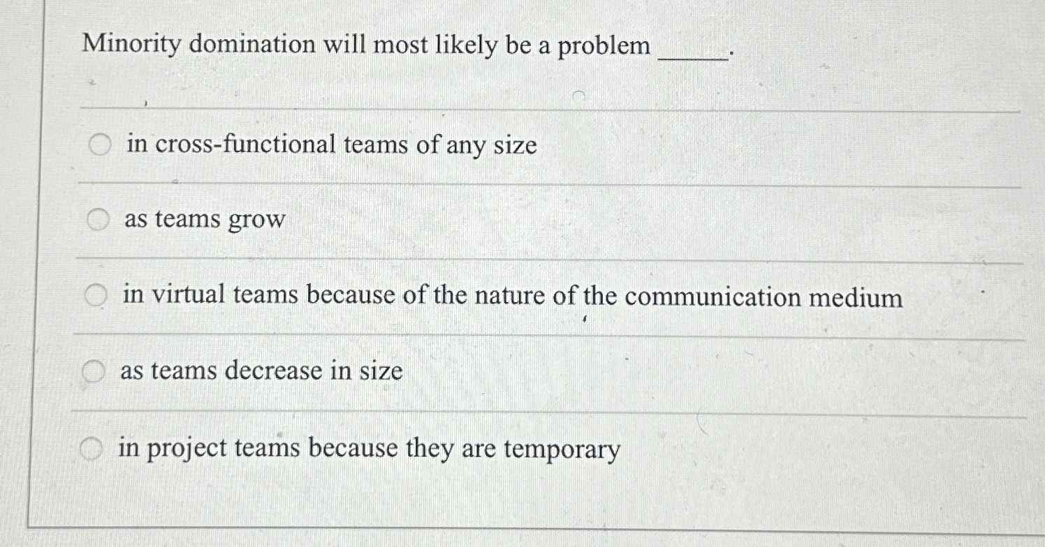  Minority domination will most likely be a problem in cross-functional teams