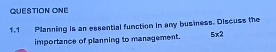  QUESTION ONE 1.1 Planning is an essential function in any business.