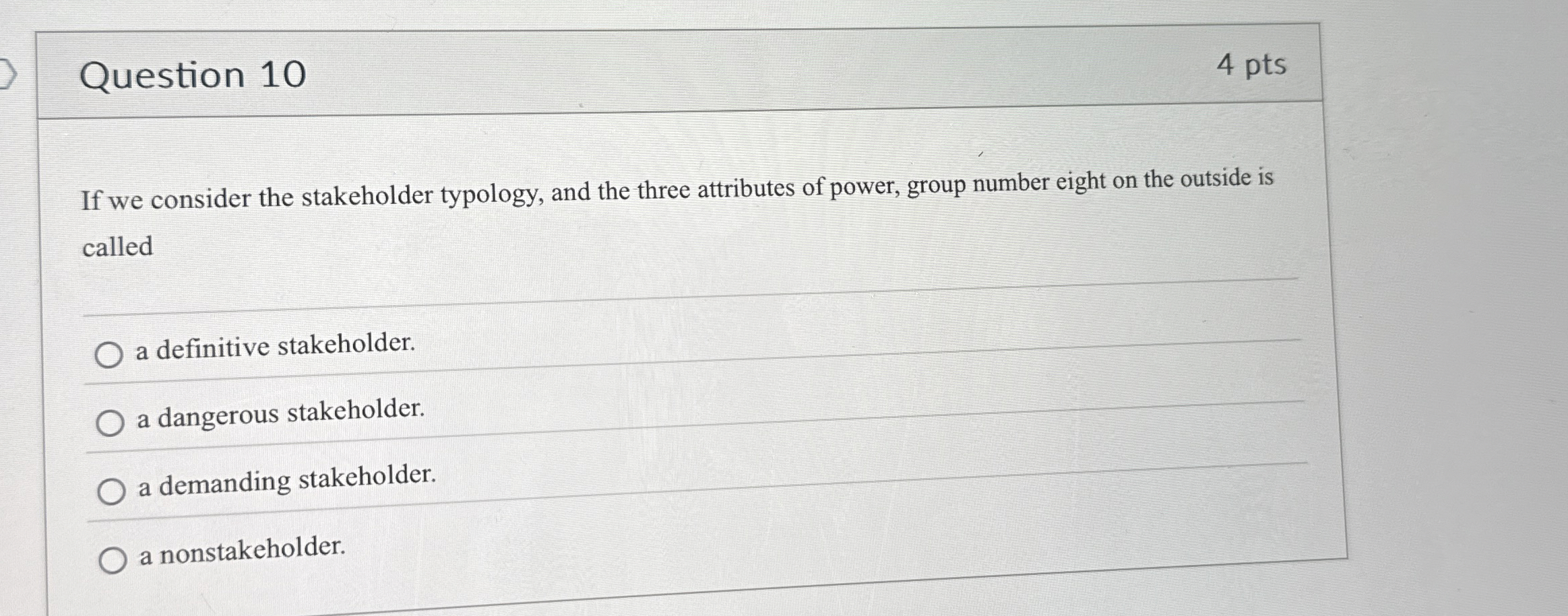  Question 10 4 pts If we consider the stakeholder typology, and