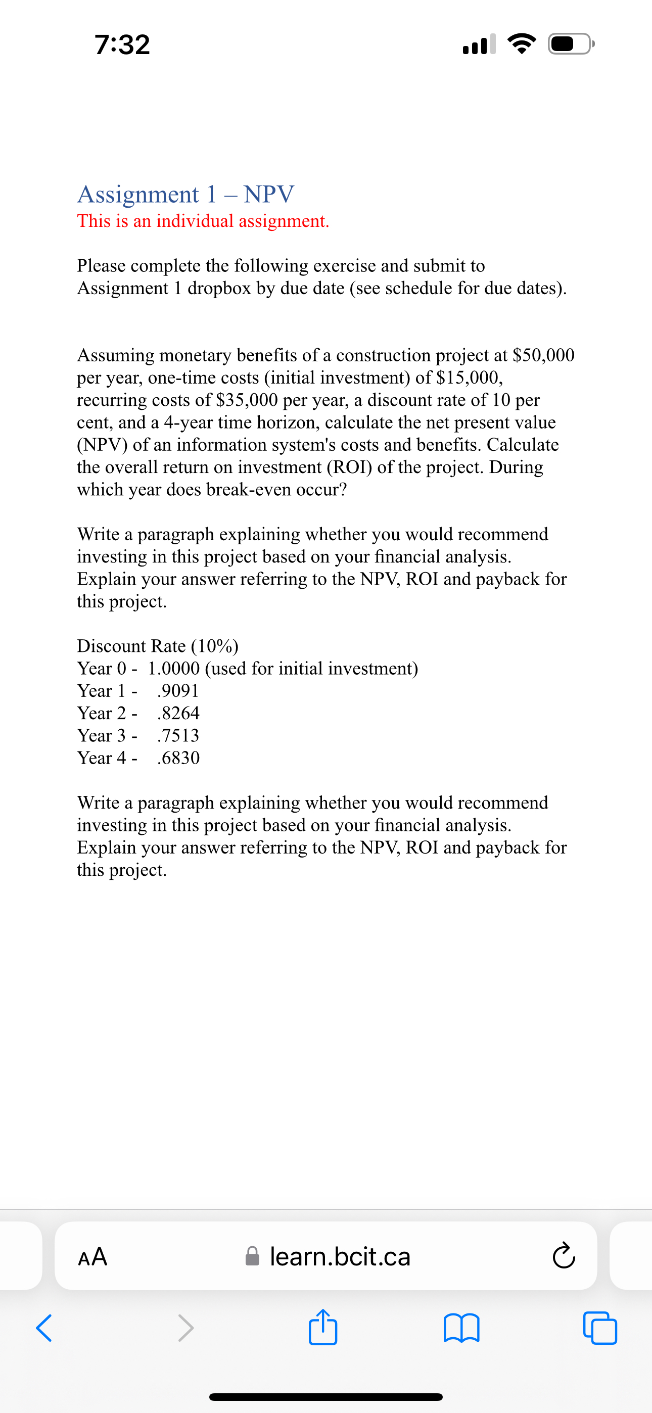  7:32 .11~~0 Assignment 1- NPV This is an individual assignment. Please
