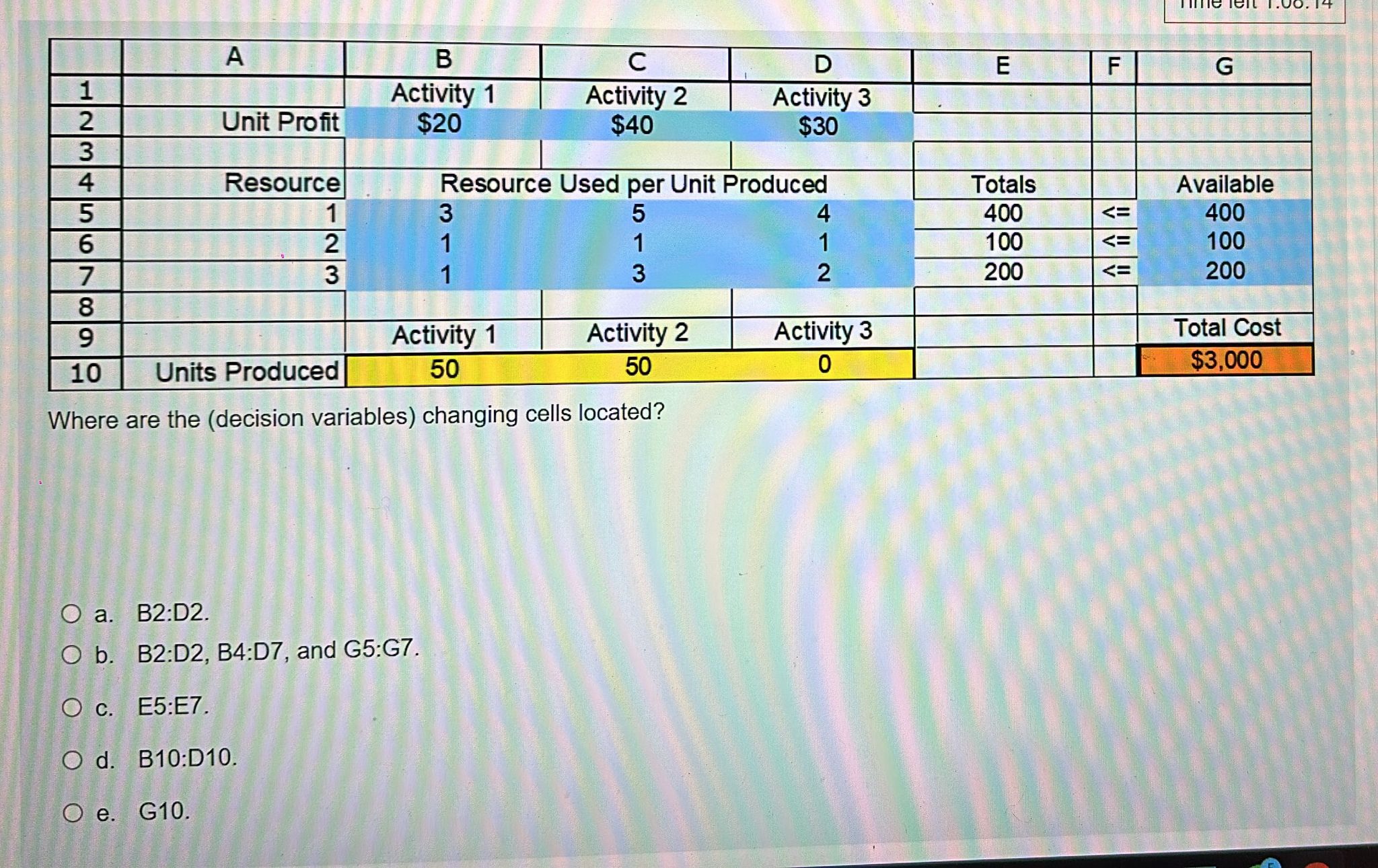  Where are the (decision variables) changing cells located? a. B2:D2. b.B2:D2,B4:D7,