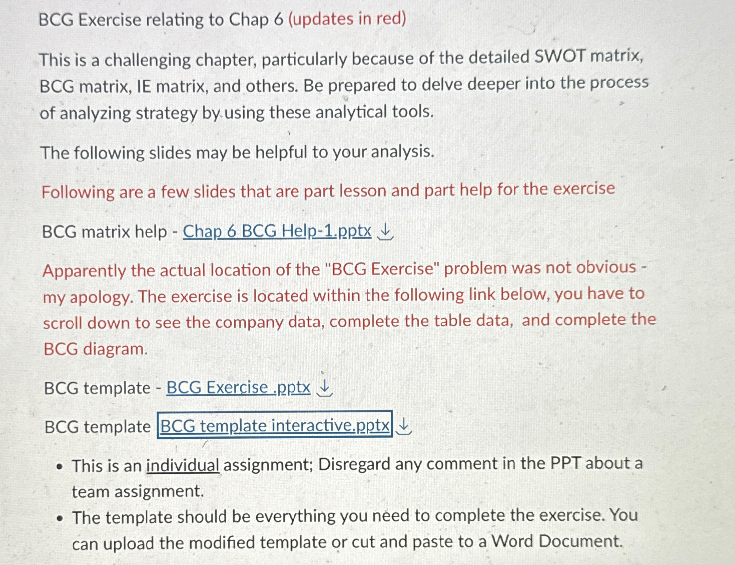  BCG Exercise relating to Chap 6(updates in red) This is a