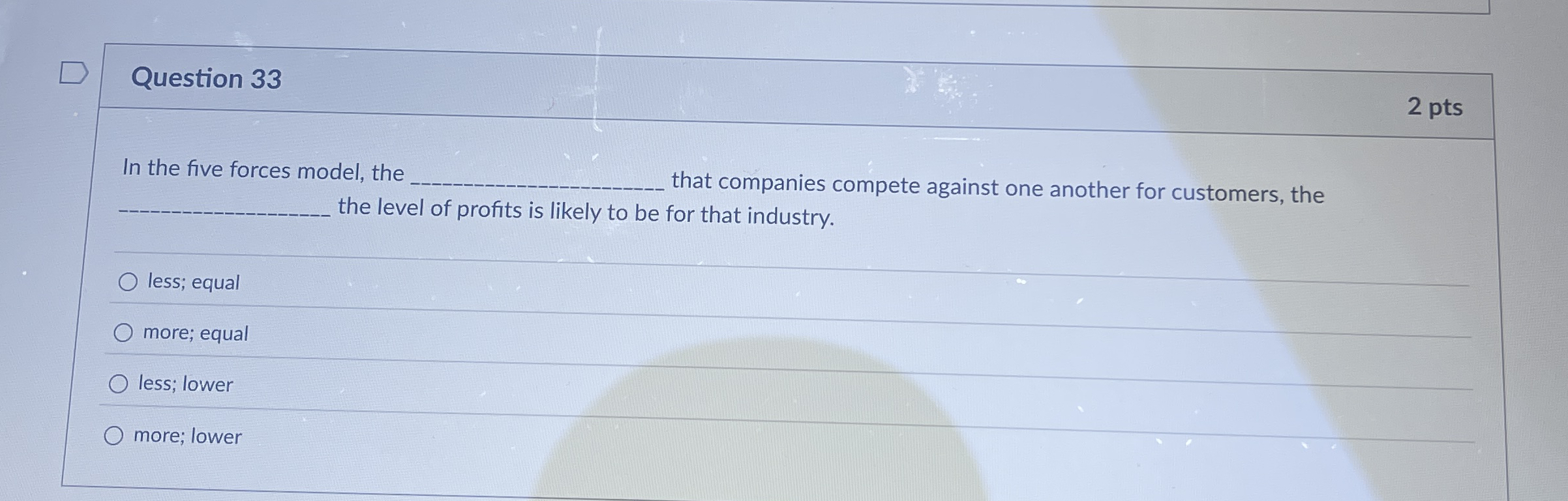  Question 33 In the five forces model, the that companies compete