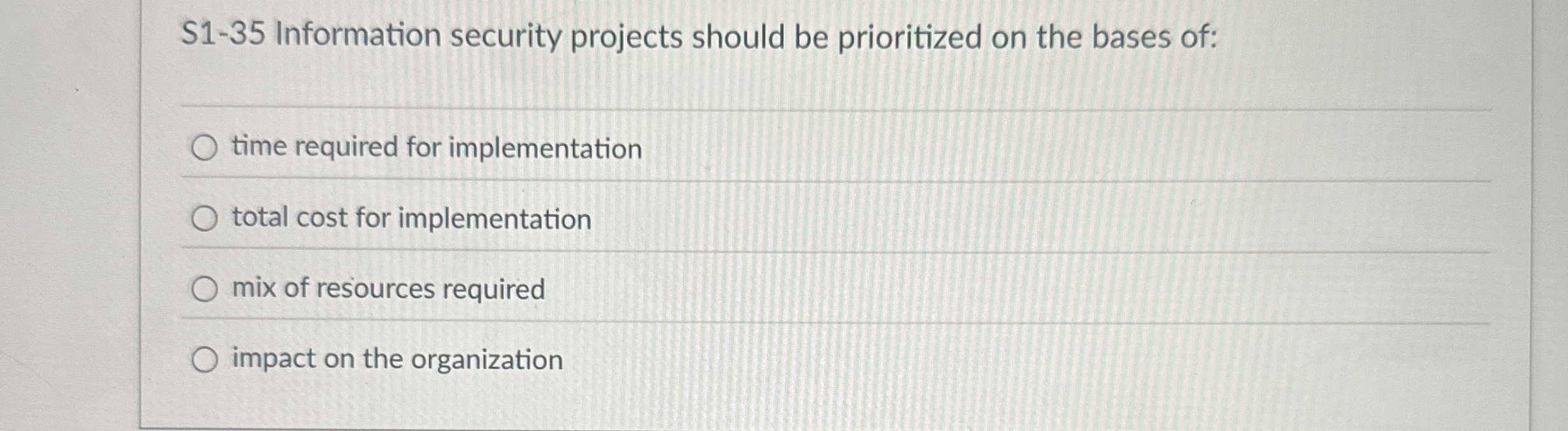  S1-35 Information security projects should be prioritized on the bases of: