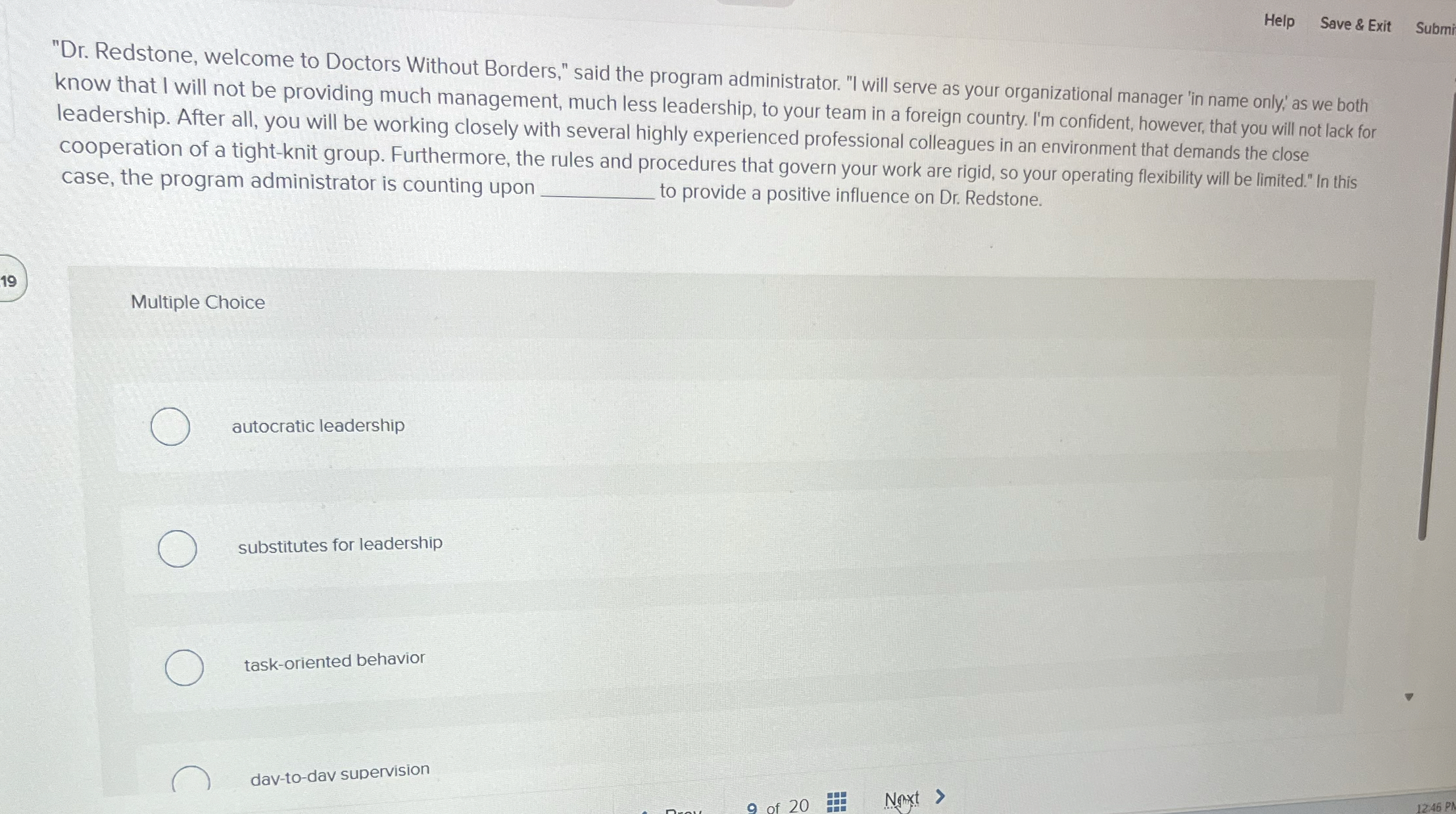  Help Save & Exit Submi "Dr. Redstone, welcome to Doctors Without