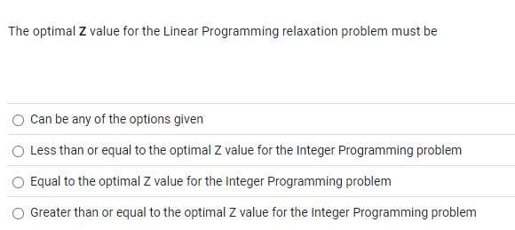  The optimal Z value for the Linear Programming relaxation problem must