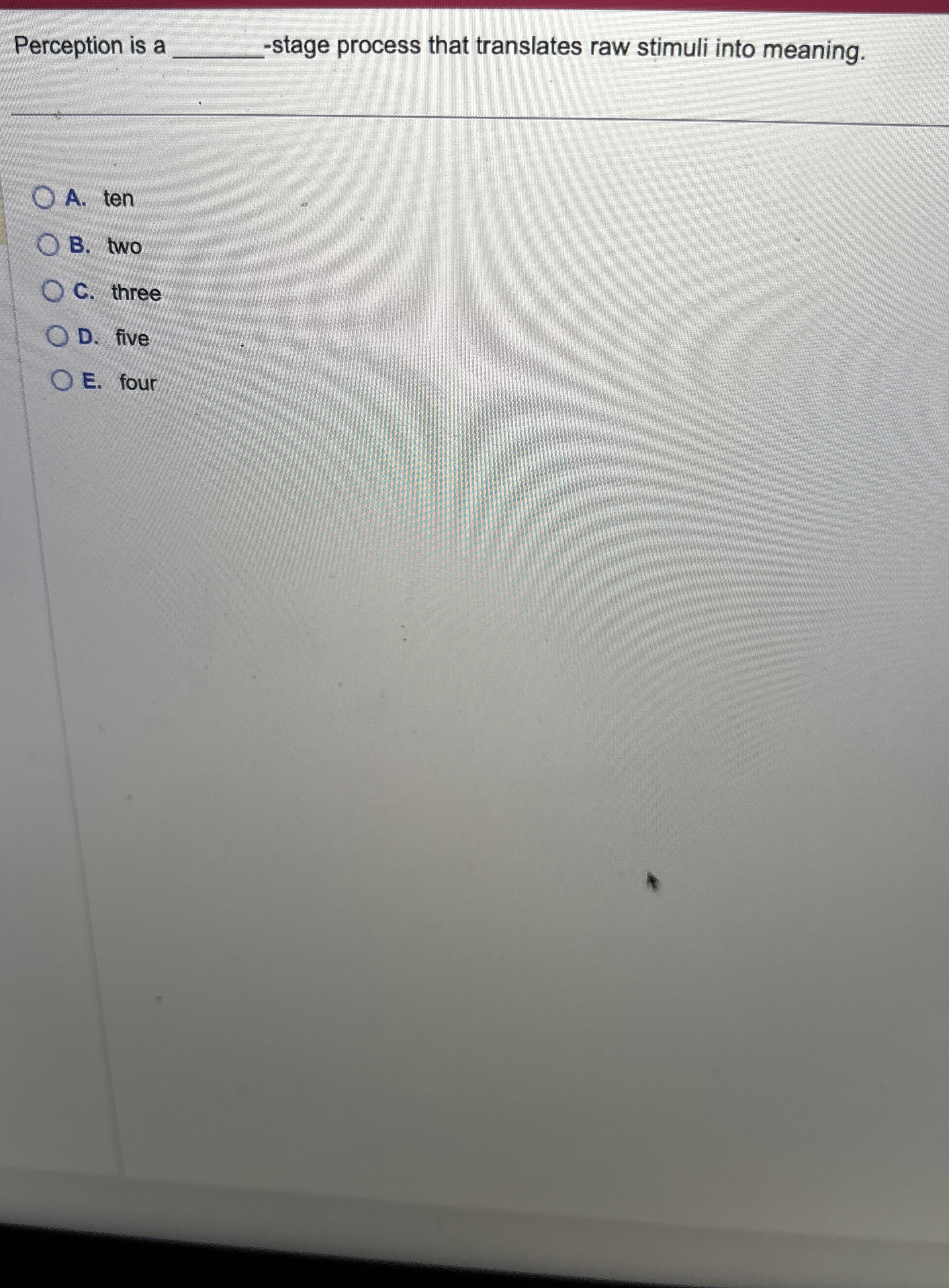  Perception is a -stage process that translates raw stimuli into meaning.