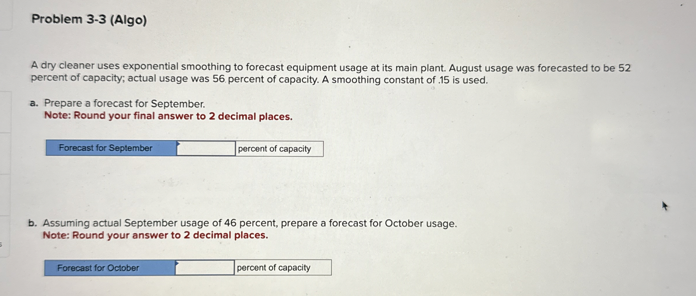  Problem 3-3(Algo) A dry cleaner uses exponential smoothing to forecast equipment