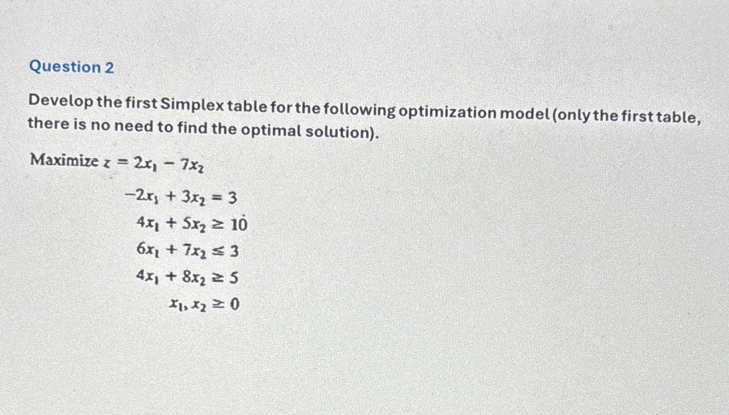  Question 2 Develop the first Simplex table for the following optimization