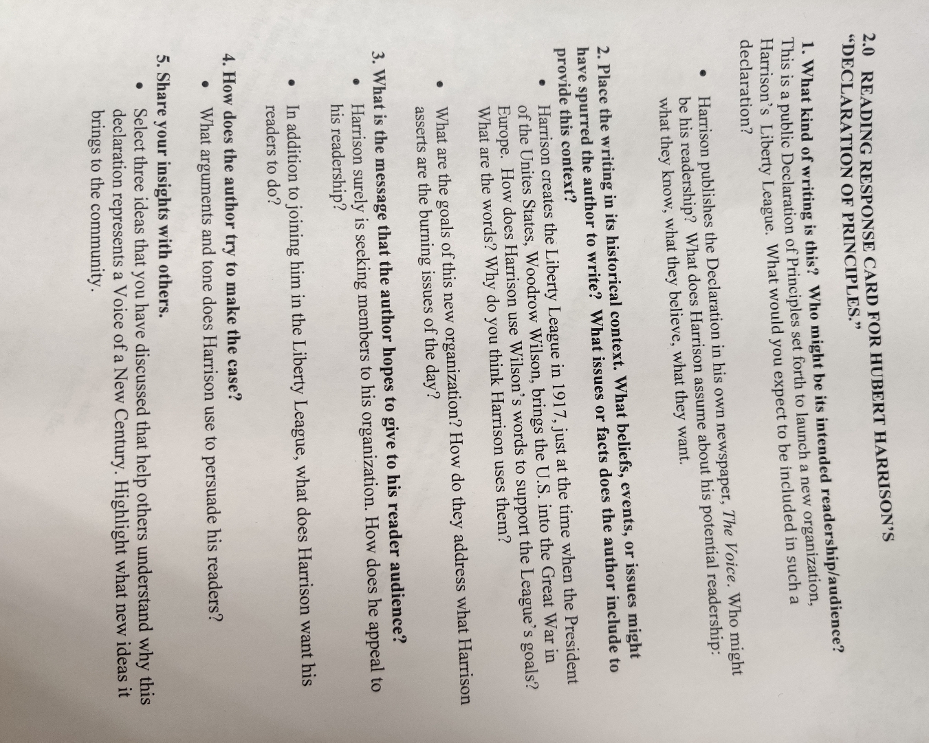  2.0 READING RESPONSE CARD FOR HUBERT HARRISON'S "DECLARATION OF PRINCIPLES." What