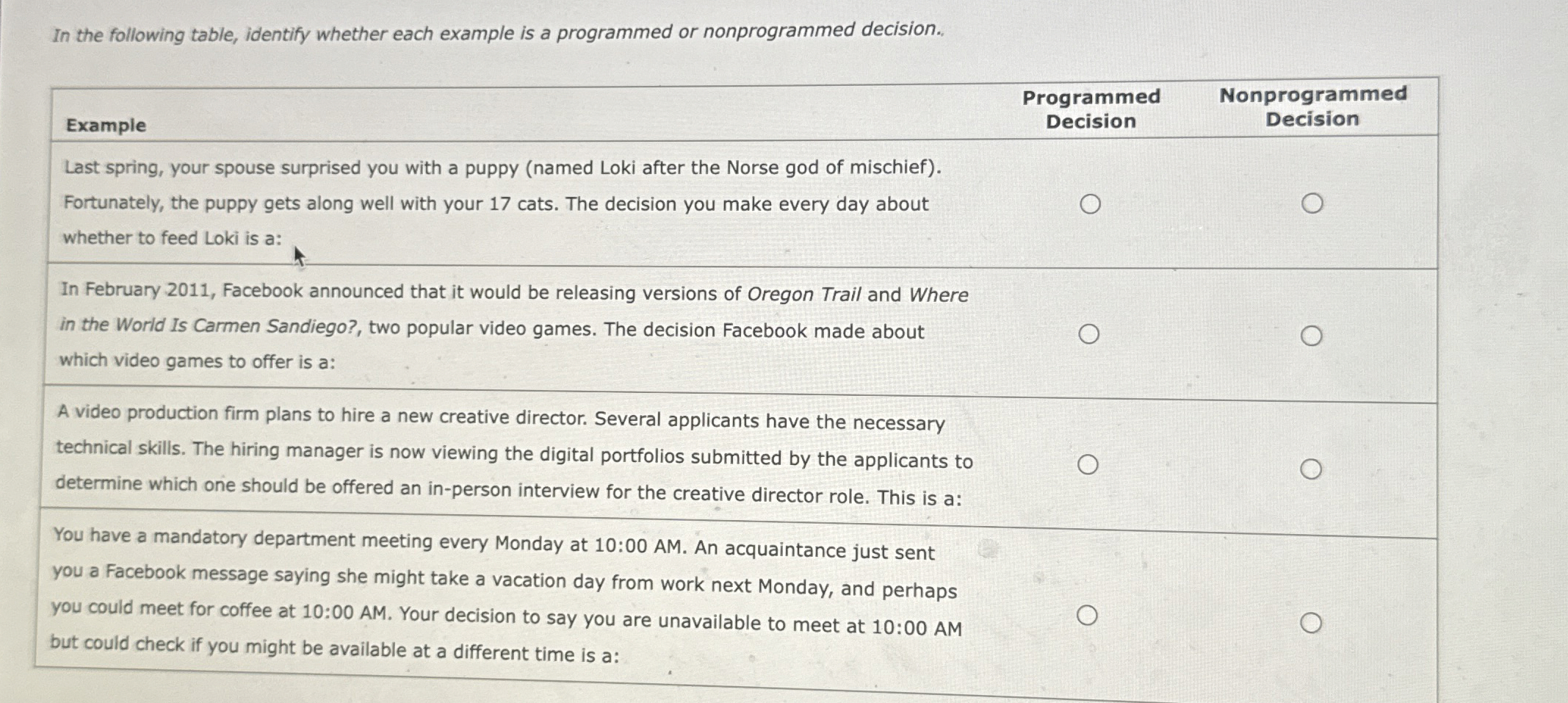  In the following table, identify whether each example is a programmed