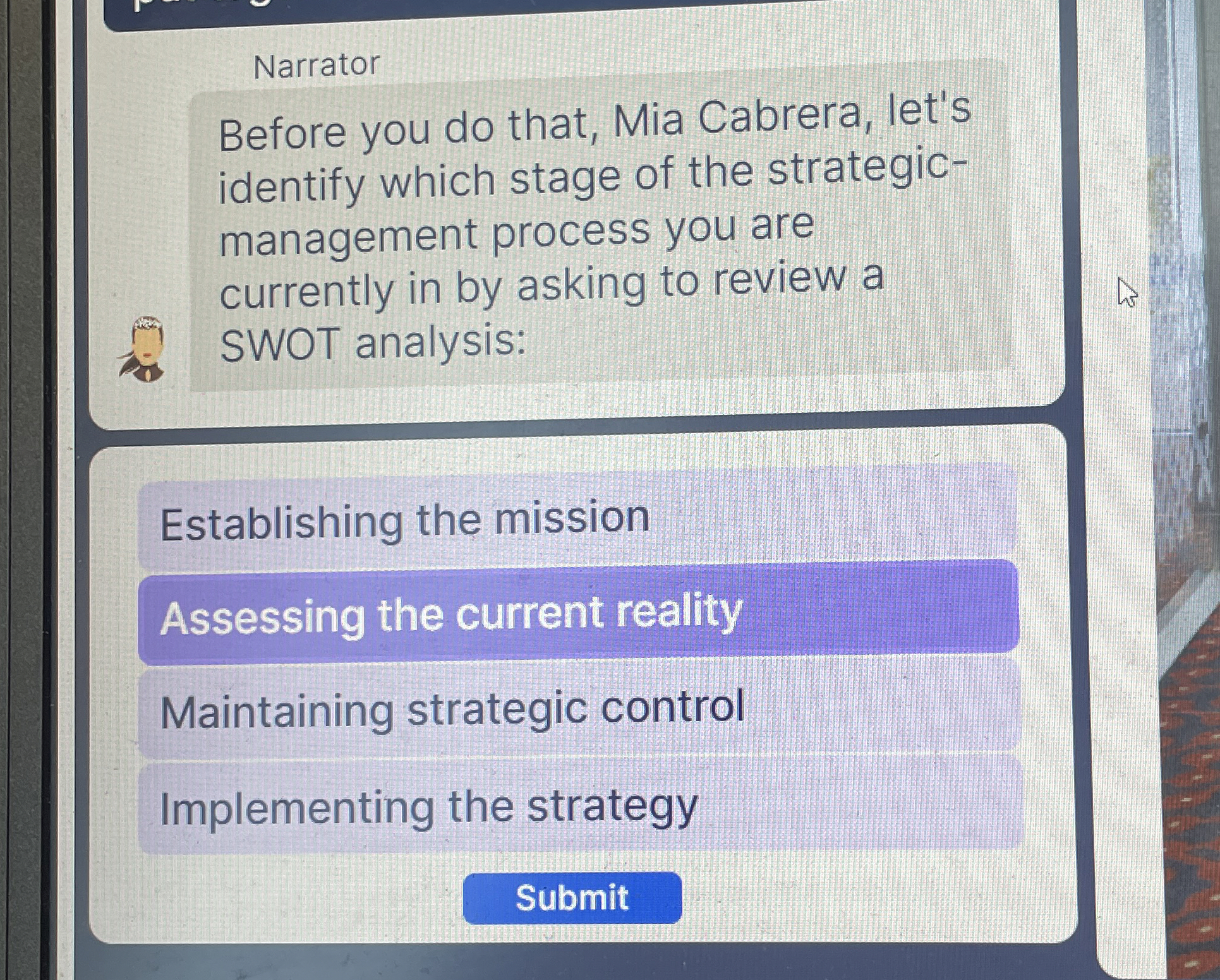  Narrator Before you do that, Mia Cabrera, let's identify which stage