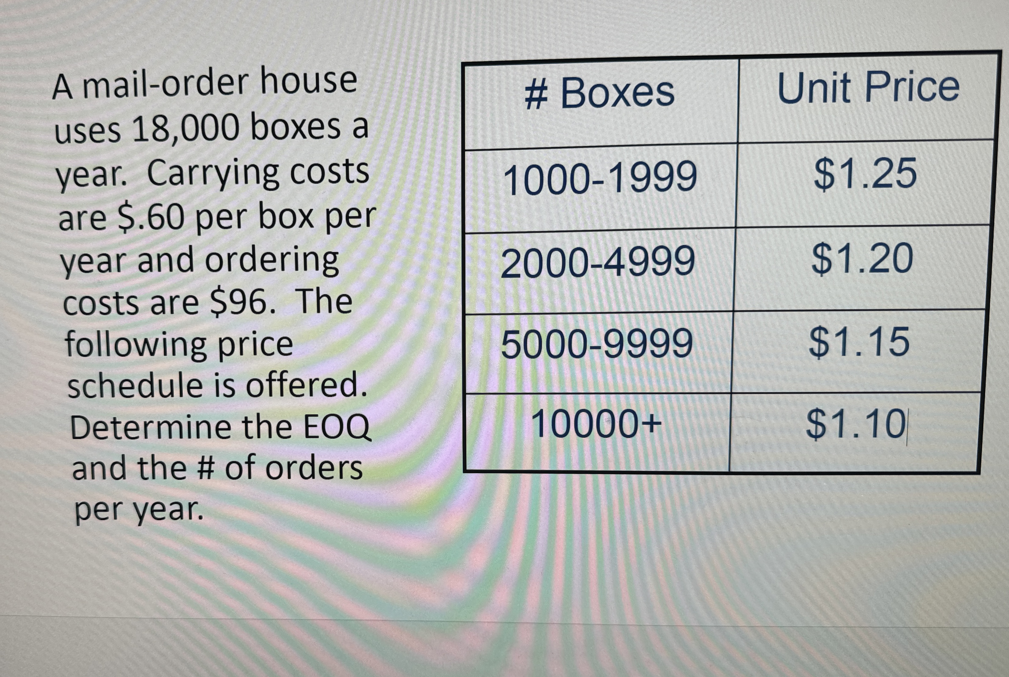  A mail-order house uses 18,000 boxes a year. Carrying costs are