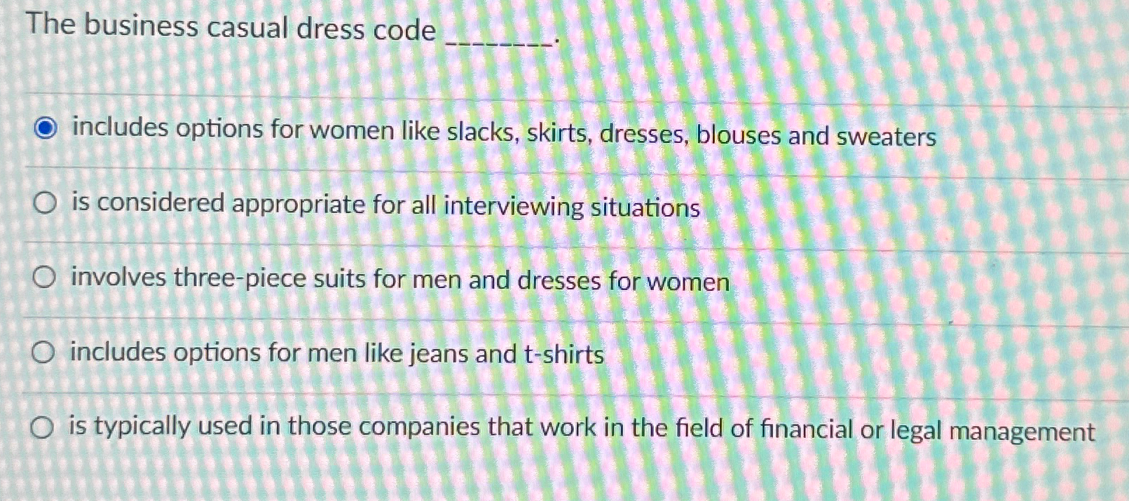  The business casual dress code q, includes options for women like
