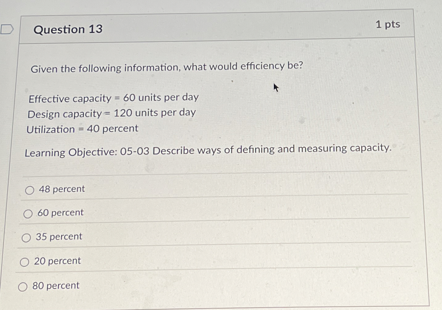  Question 13 Given the following information, what would efficiency be? Effective