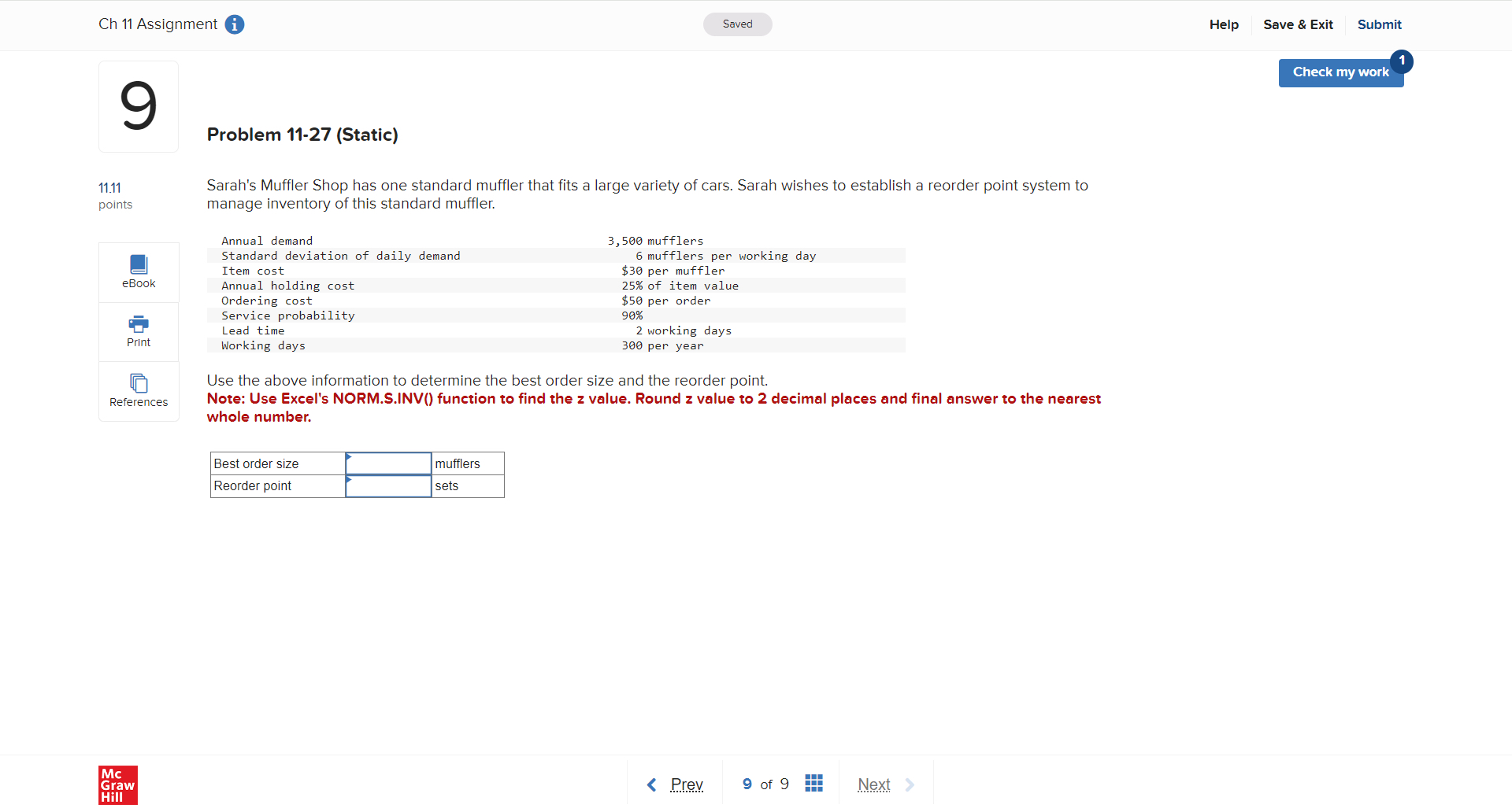  Ch 11 Assignment i Saved Help Save & Exit Submit 9