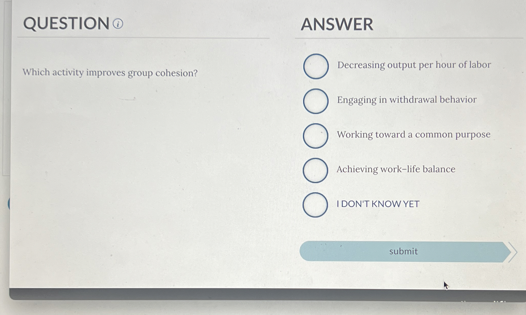  QUESTION ?(i) ANSWER Which activity improves group cohesion? Decreasing output per