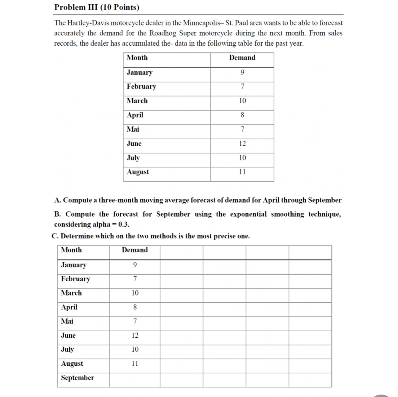  Problem III (10 Points) The Hartley-Davis motorcycle dealer in the Minneapolis-St.