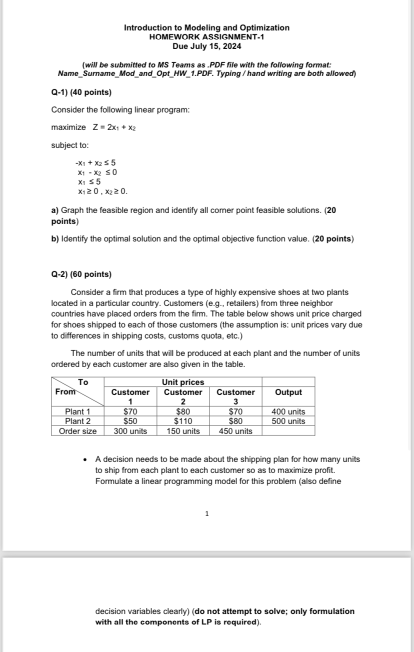  Introduction to Modeling and Optimization HOMEWORK ASSIGNMENT-1 Due July 15,2024 (will