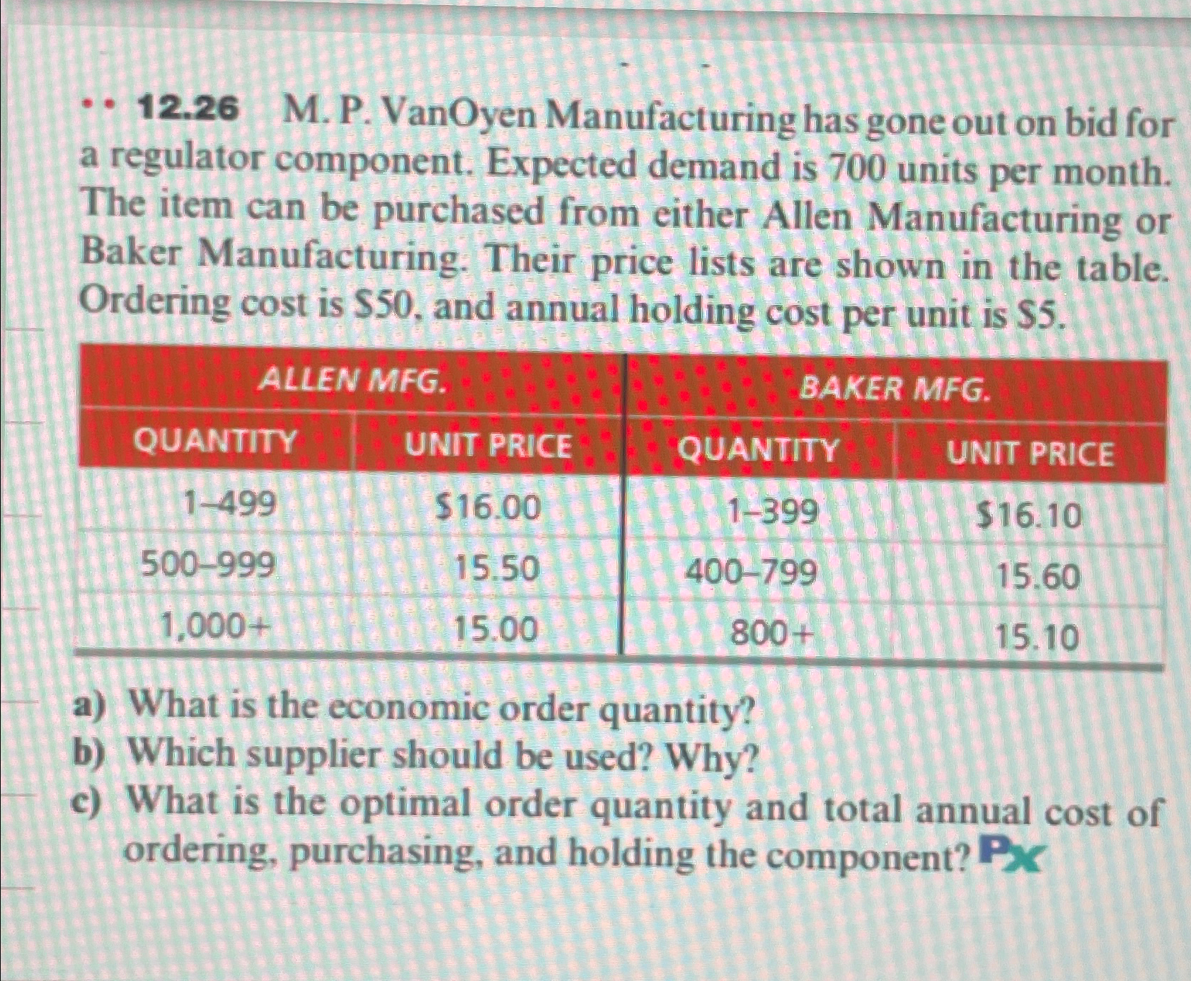  12.26 M. P. VanOyen Manufacturing has gone out on bid for