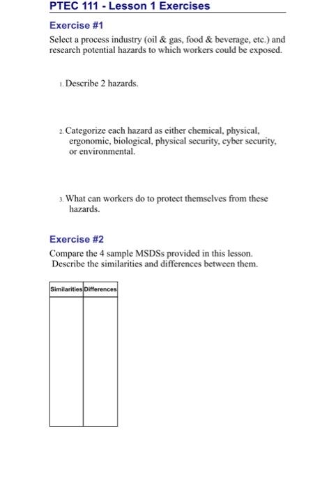  PTEC 111- Lesson 1 Exercises Exercise #1 Select a process industry
