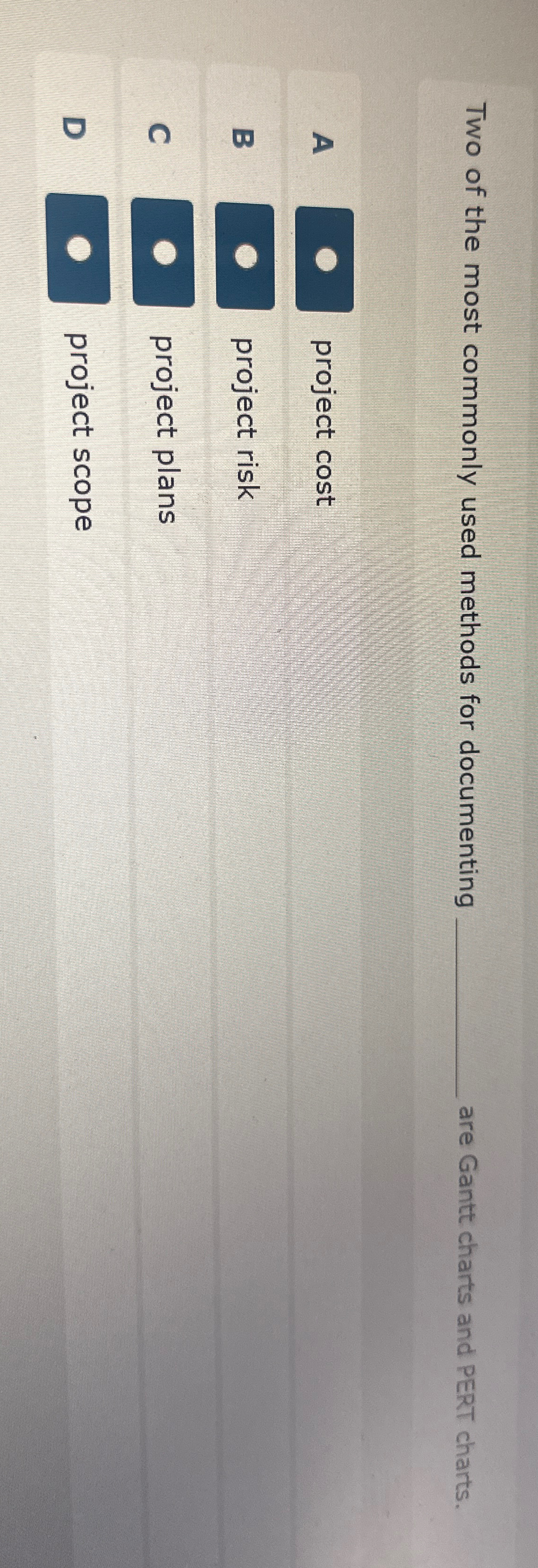  Two of the most commonly used methods for documenting are Gantt