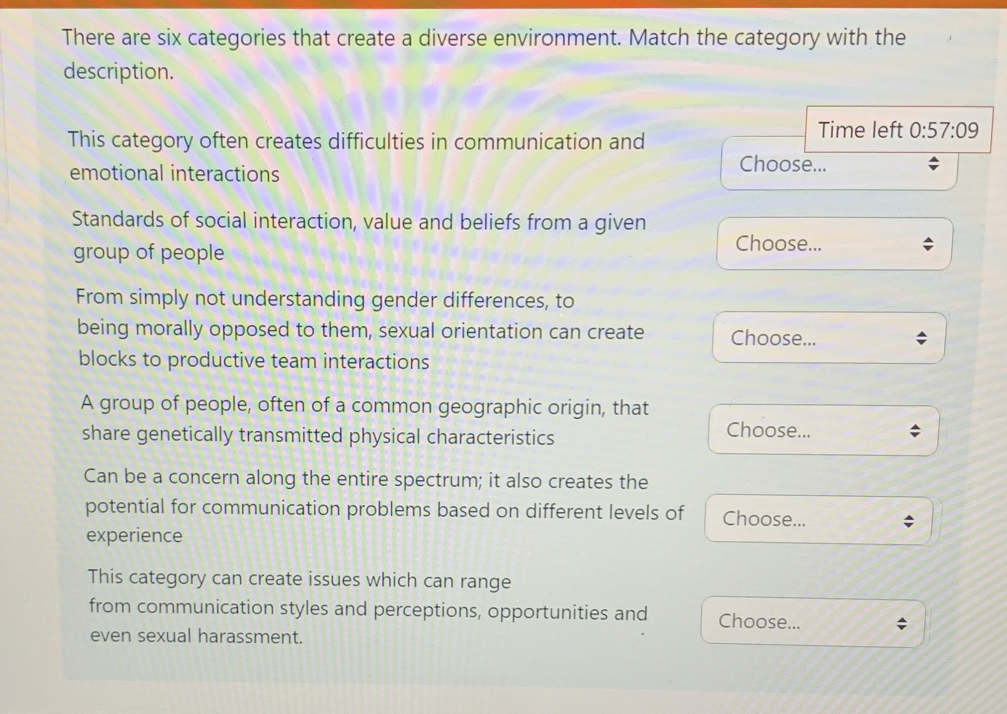  There are six categories that create a diverse environment. Match the