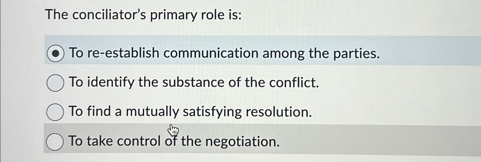  The conciliator's primary role is: To re-establish communication among the parties.