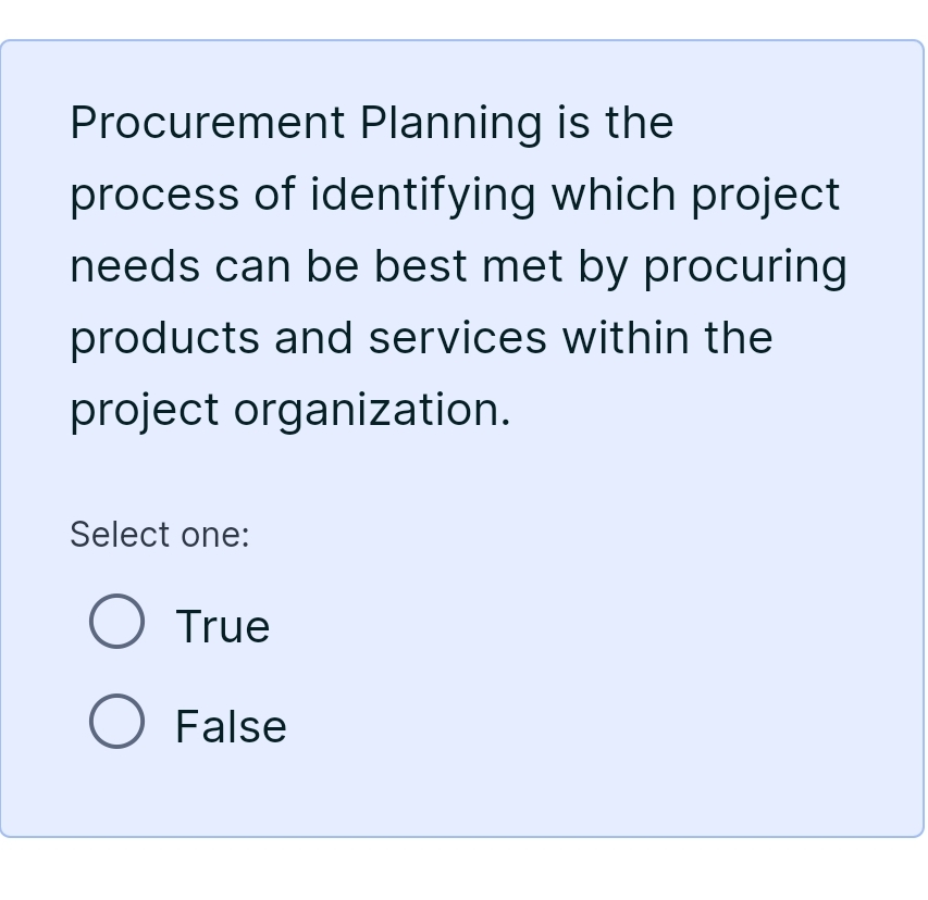  Procurement Planning is the process of identifying which project needs can