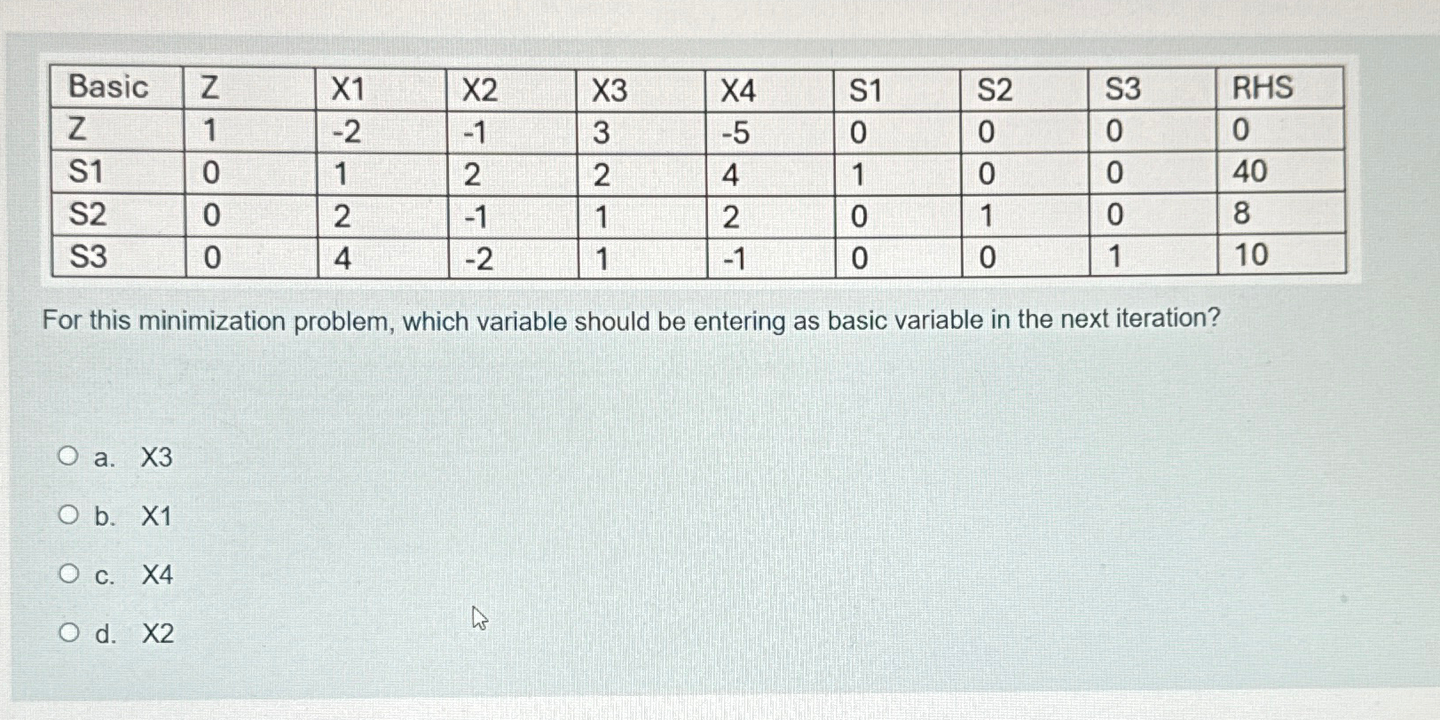  \table[[Basic,Z,X1,X2,X3,X4,S1,S2,S3,RHS],[Z,1,-2,-1,3,-5,0,0,0,0],[S1,0,1,2,2,4,1,0,0,40],[S2,0,2,-1,1,2,0,1,0,8],[S3,0,4,-2,1,-1,0,0,1,10]] For this minimization problem, which variable should be entering as