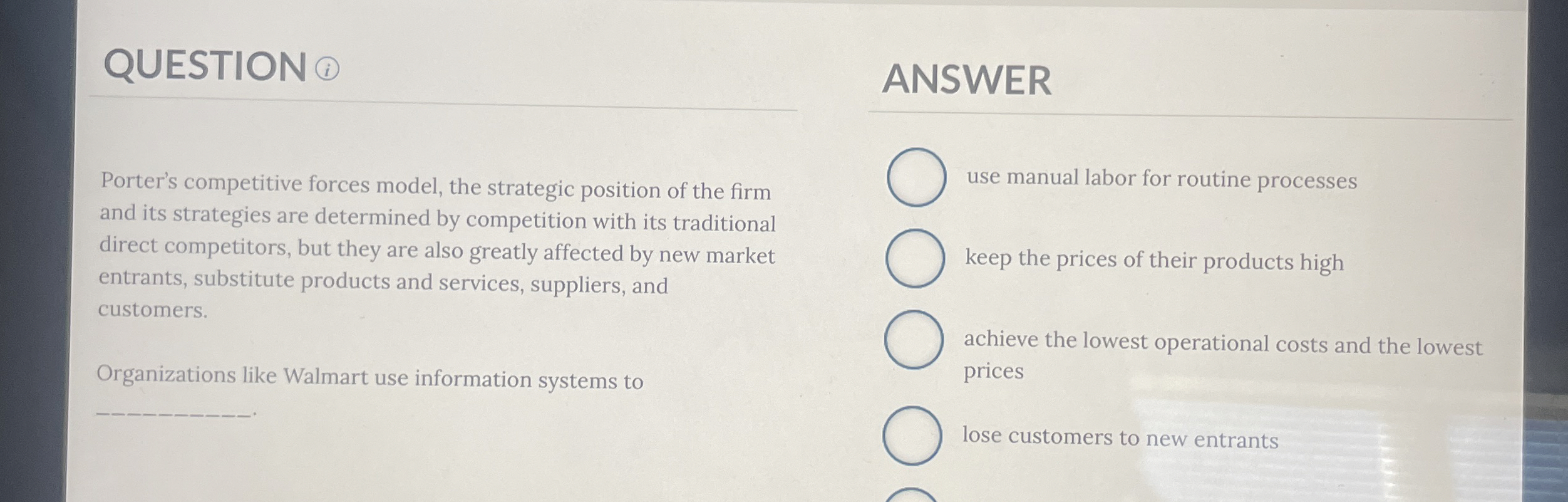  QUESTION ( ANSWER Porter's competitive forces model, the strategic position of
