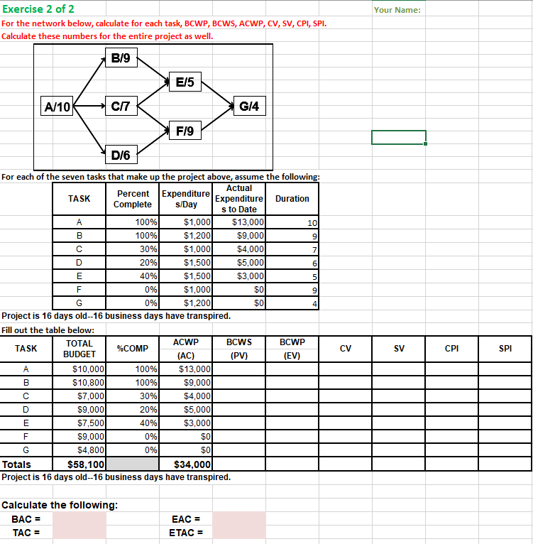  Exercise 2 of 2 Your Name: For the network below, calculate