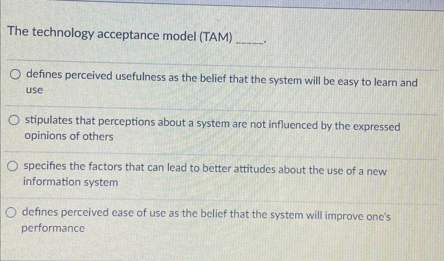  The technology acceptance model (TAM) defines perceived usefulness as the belief