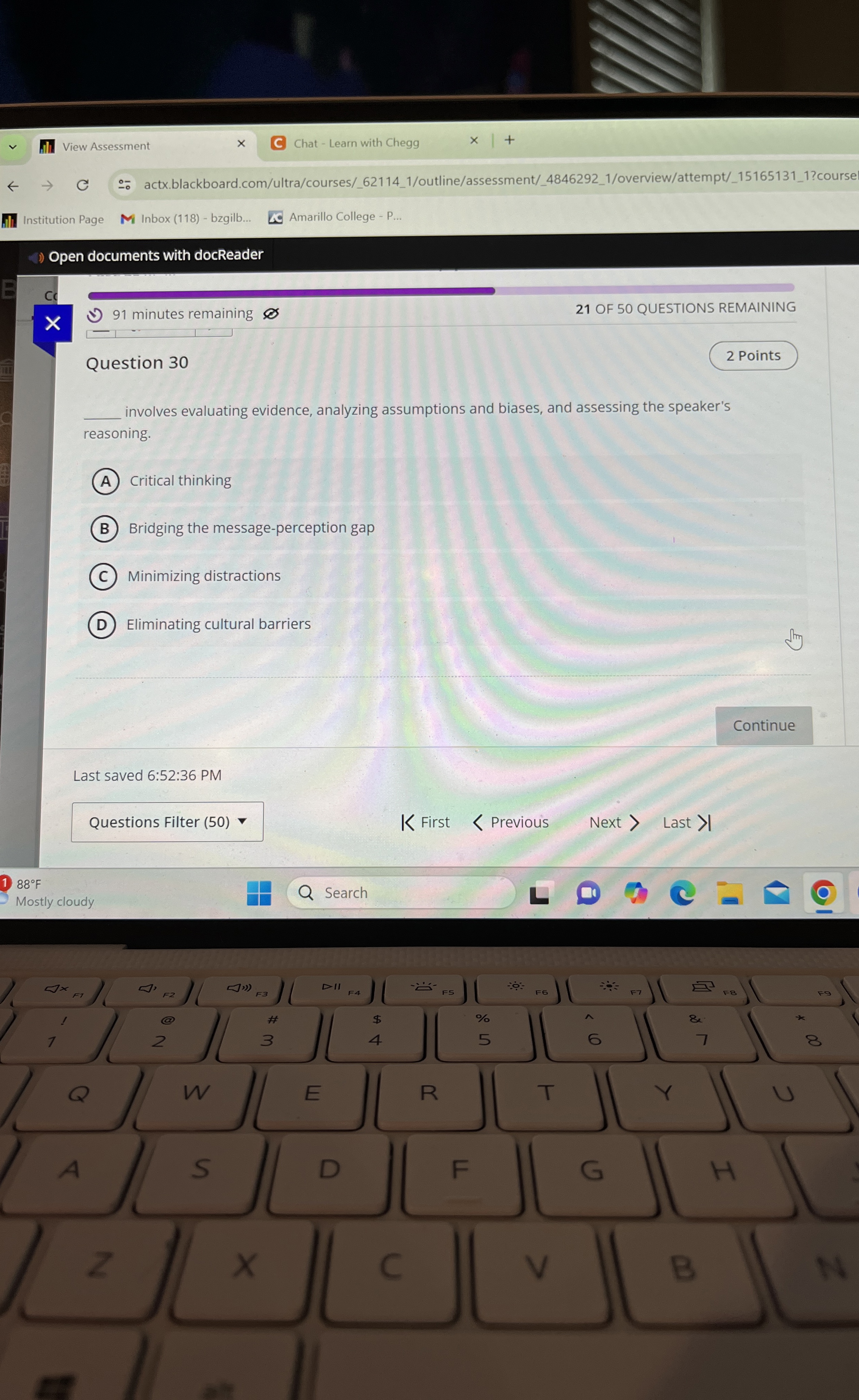  View Assessment Chat - Learn with Chegg actx.blackboard.com/ultra/courses/_62114_1/outline/assessment/_4846292_1/overview/attempt/_15165131_1?course Institution Page Inbox