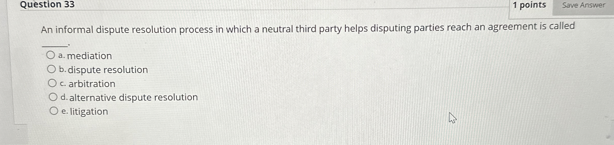  Question 33 1 points An informal dispute resolution process in which