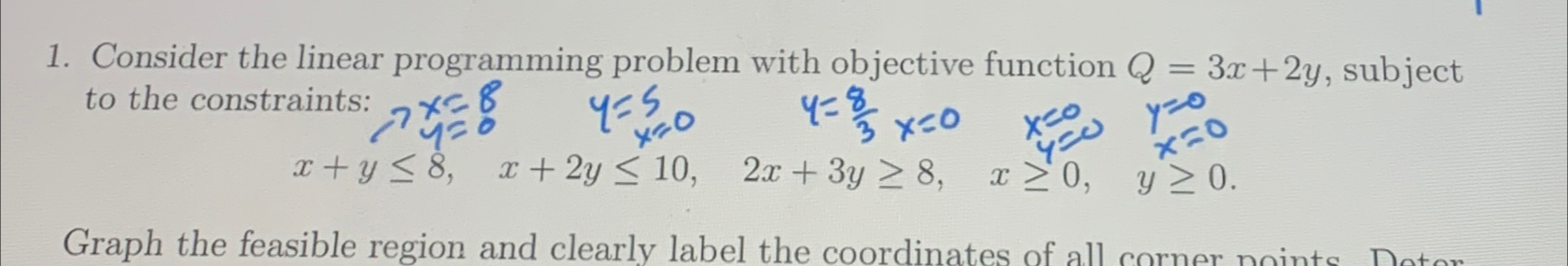  Consider the linear programming problem with objective function Q=3x+2y, subject to